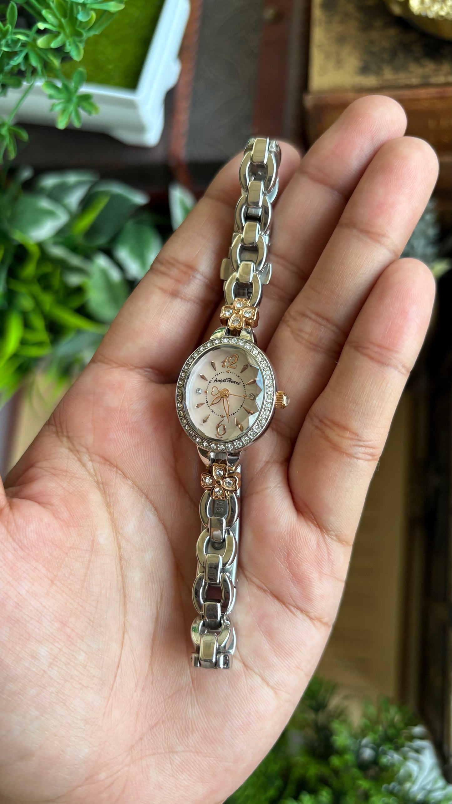 Vintage Angel Heart Coquette Bejeweled Watch in Two-Tone Pink Pearl Dial