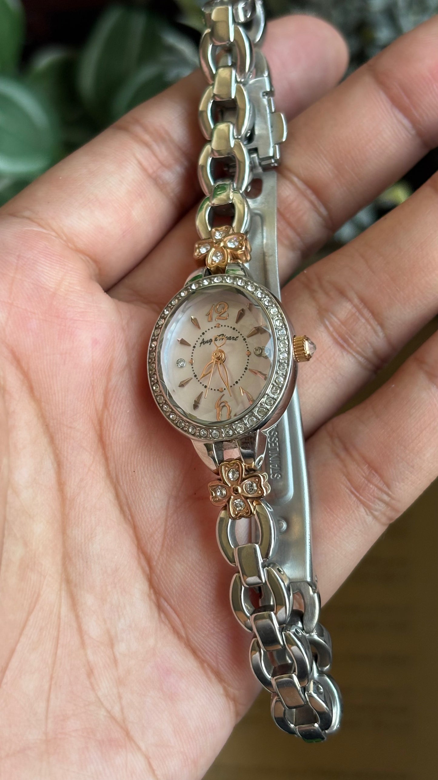 Vintage Angel Heart Coquette Bejeweled Watch in Two-Tone Pink Pearl Dial