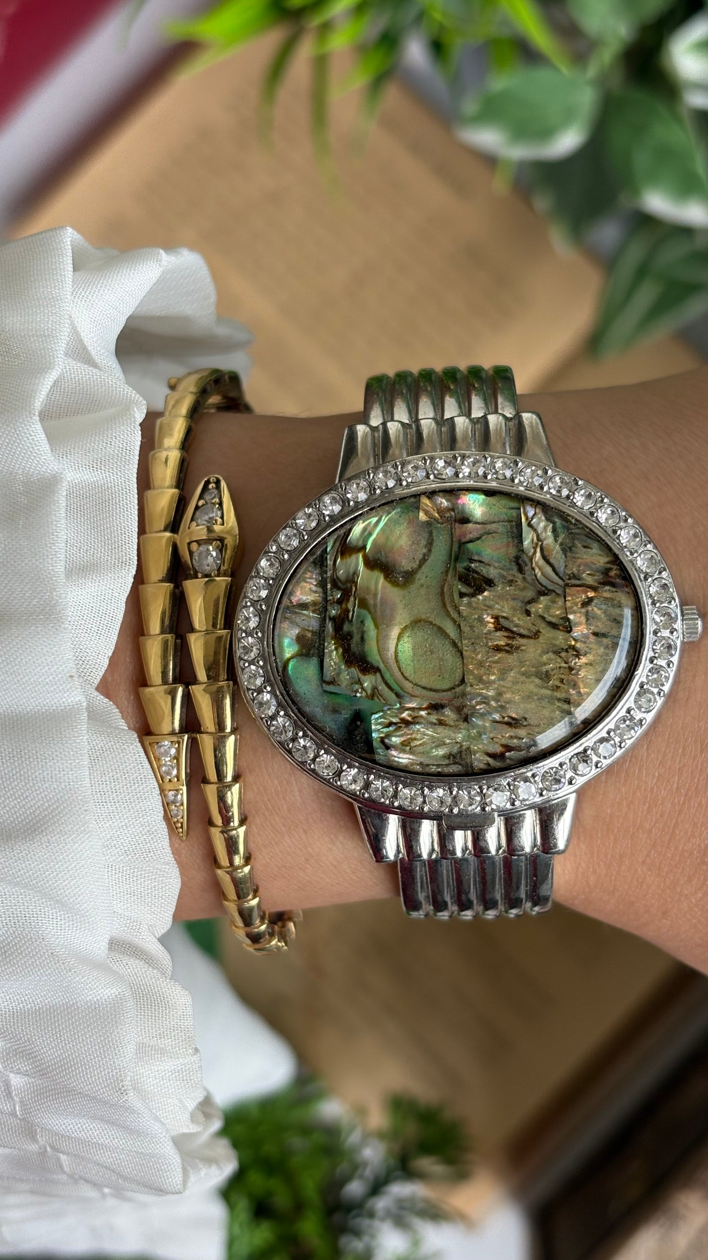 Vintage Vivani Abalone Shell Rare Peekaboo Watch in Silver Tone