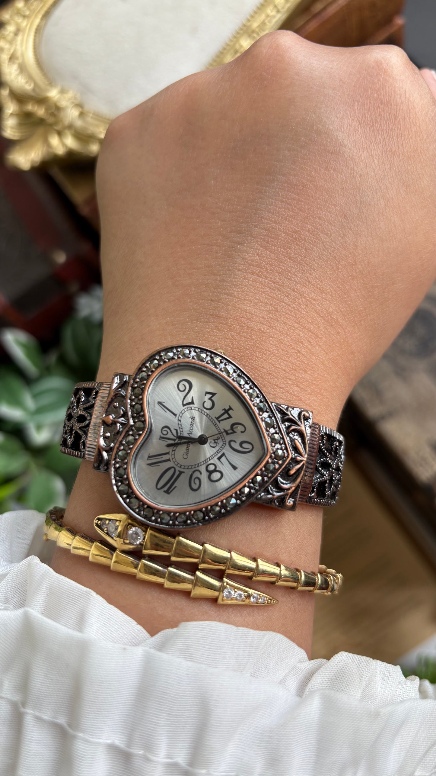 Vintage Gianni Accardi Rare Heart Bangle Watch in Bronze Tone