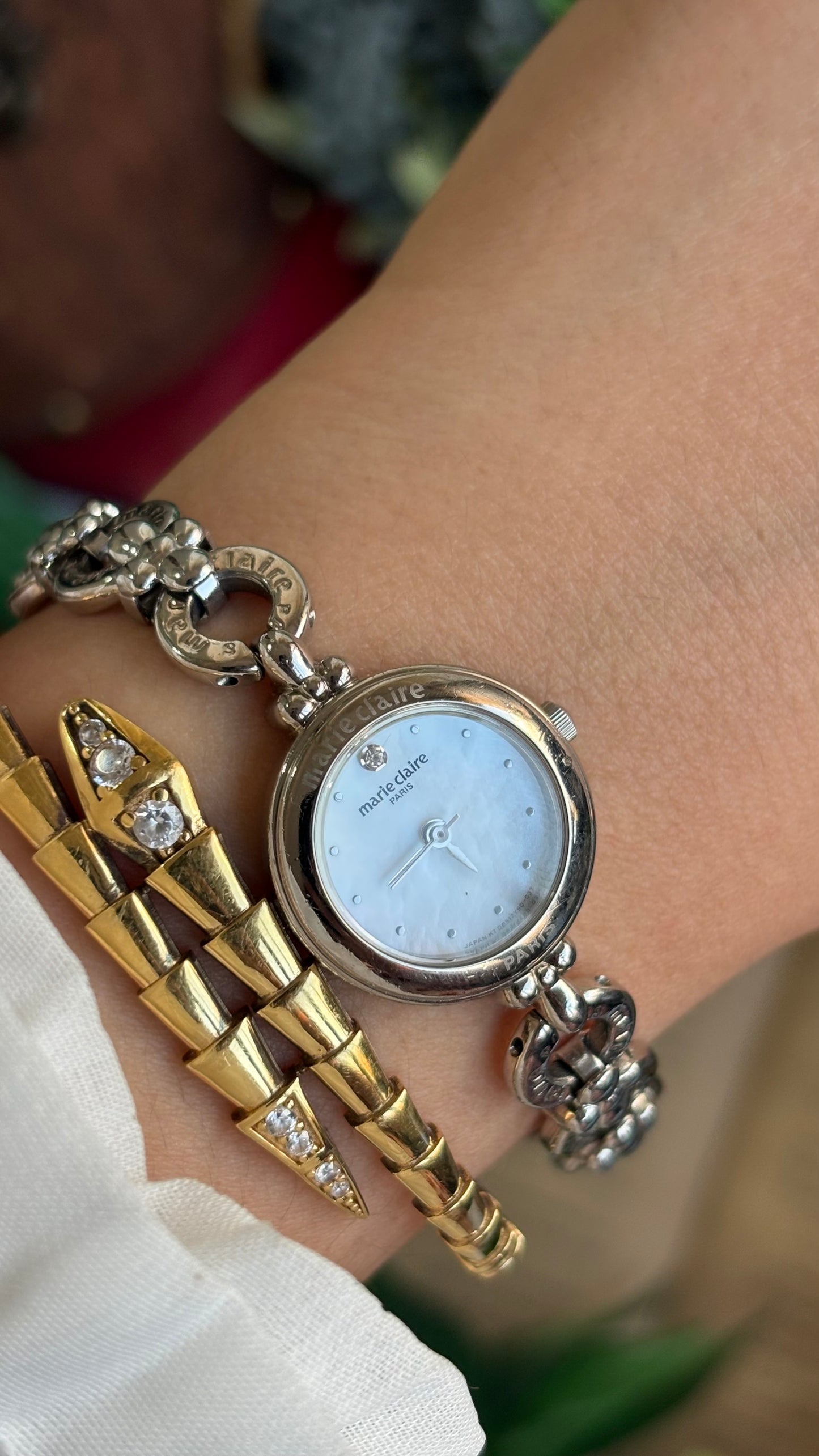 Vintage Marie Claire Paris Watch in Silver Tone Flower Straps Pearl Dial