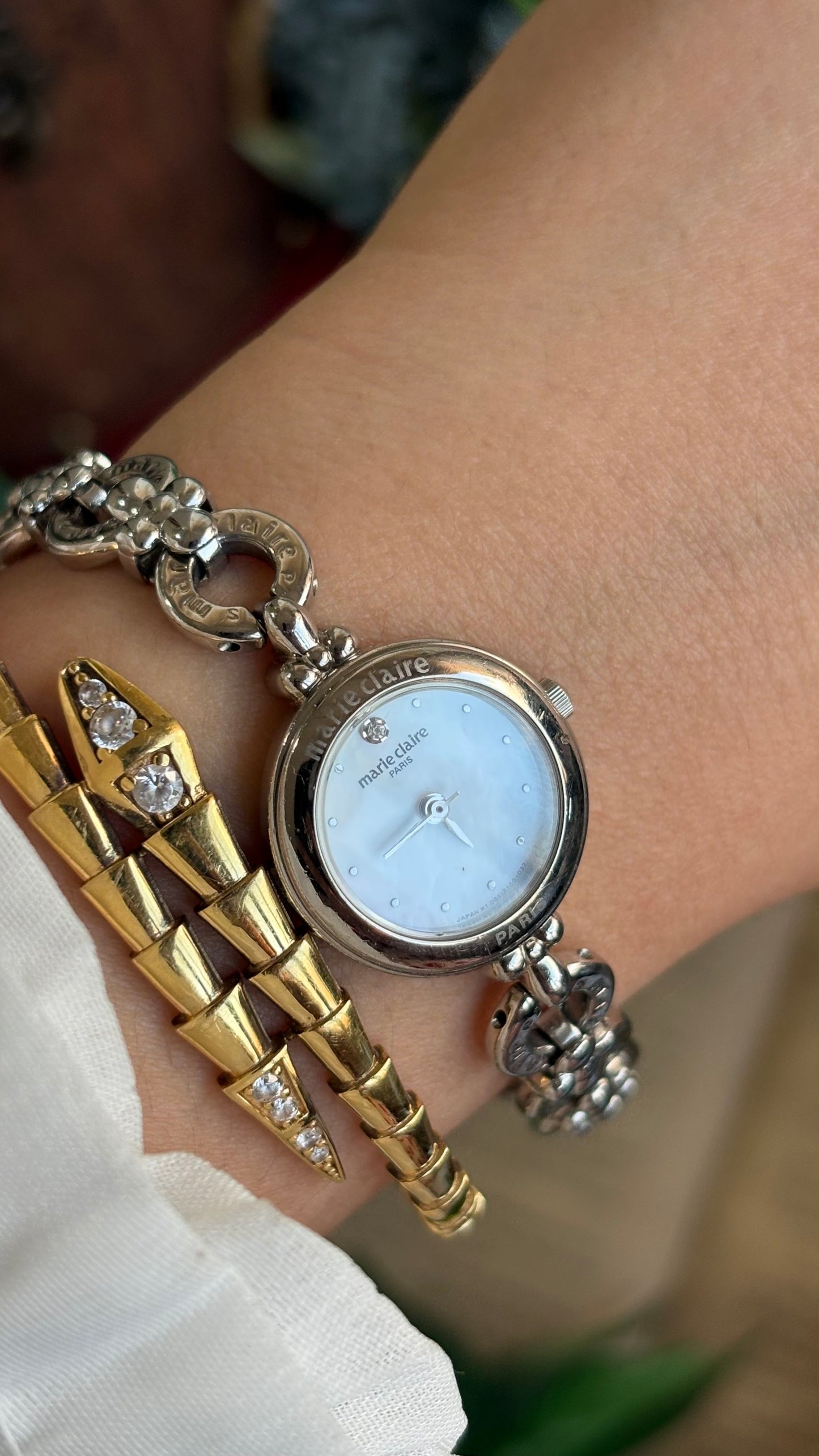 Vintage Marie Claire Paris Watch in Silver Tone Flower Straps Pearl Dial
