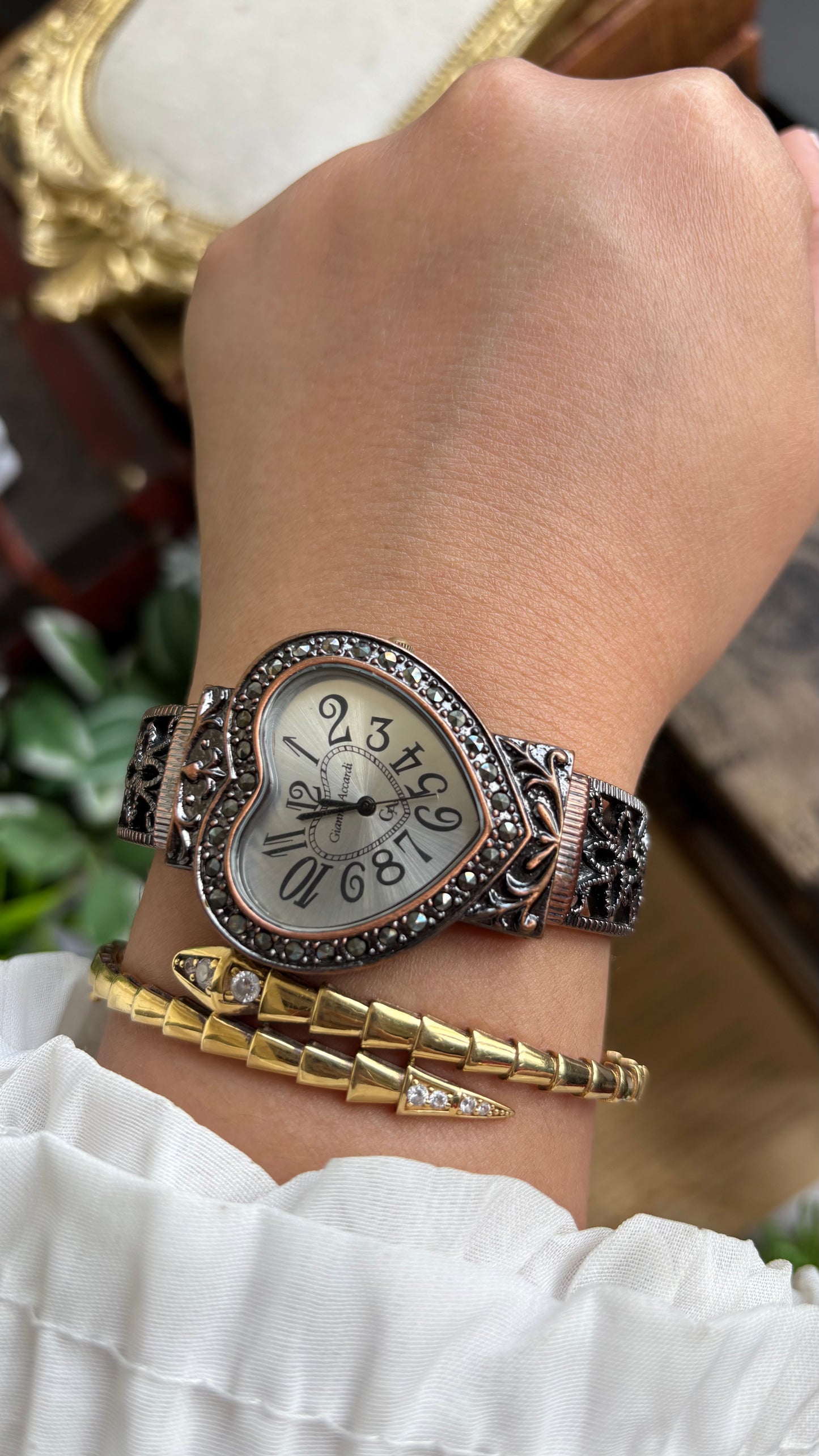Vintage Gianni Accardi Rare Heart Bangle Watch in Bronze Tone