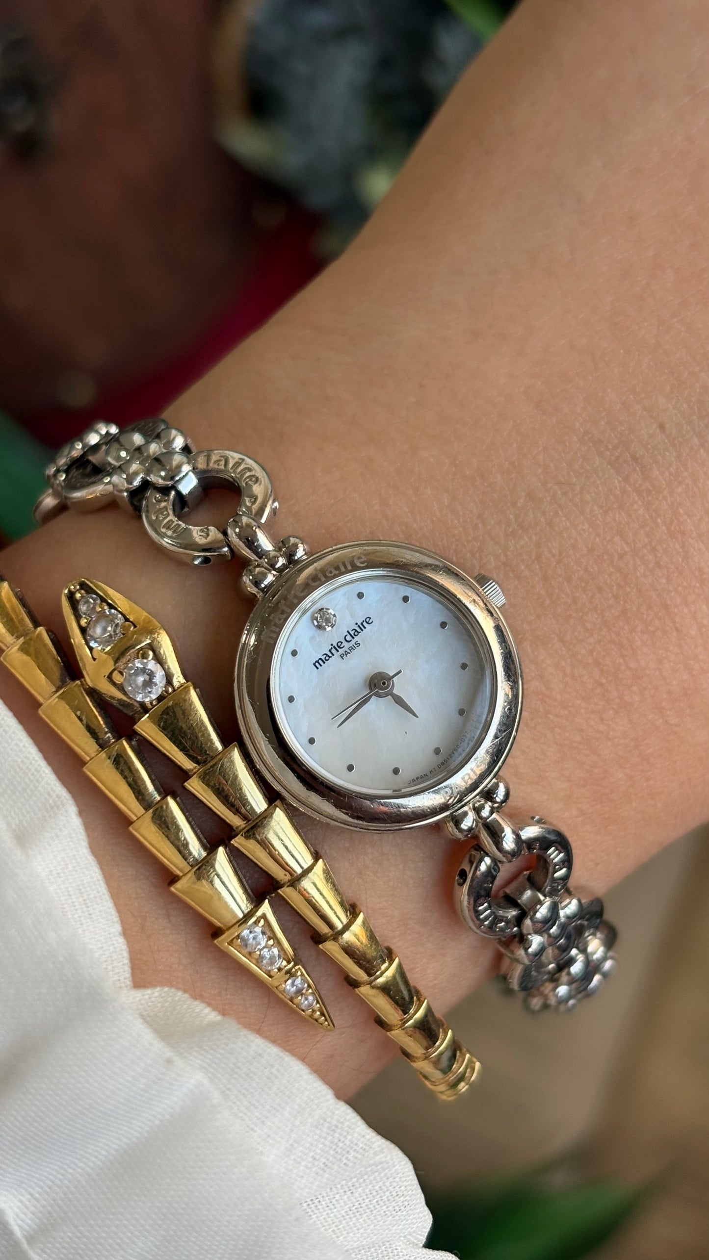 Vintage Marie Claire Paris Watch in Silver Tone Flower Straps Pearl Dial
