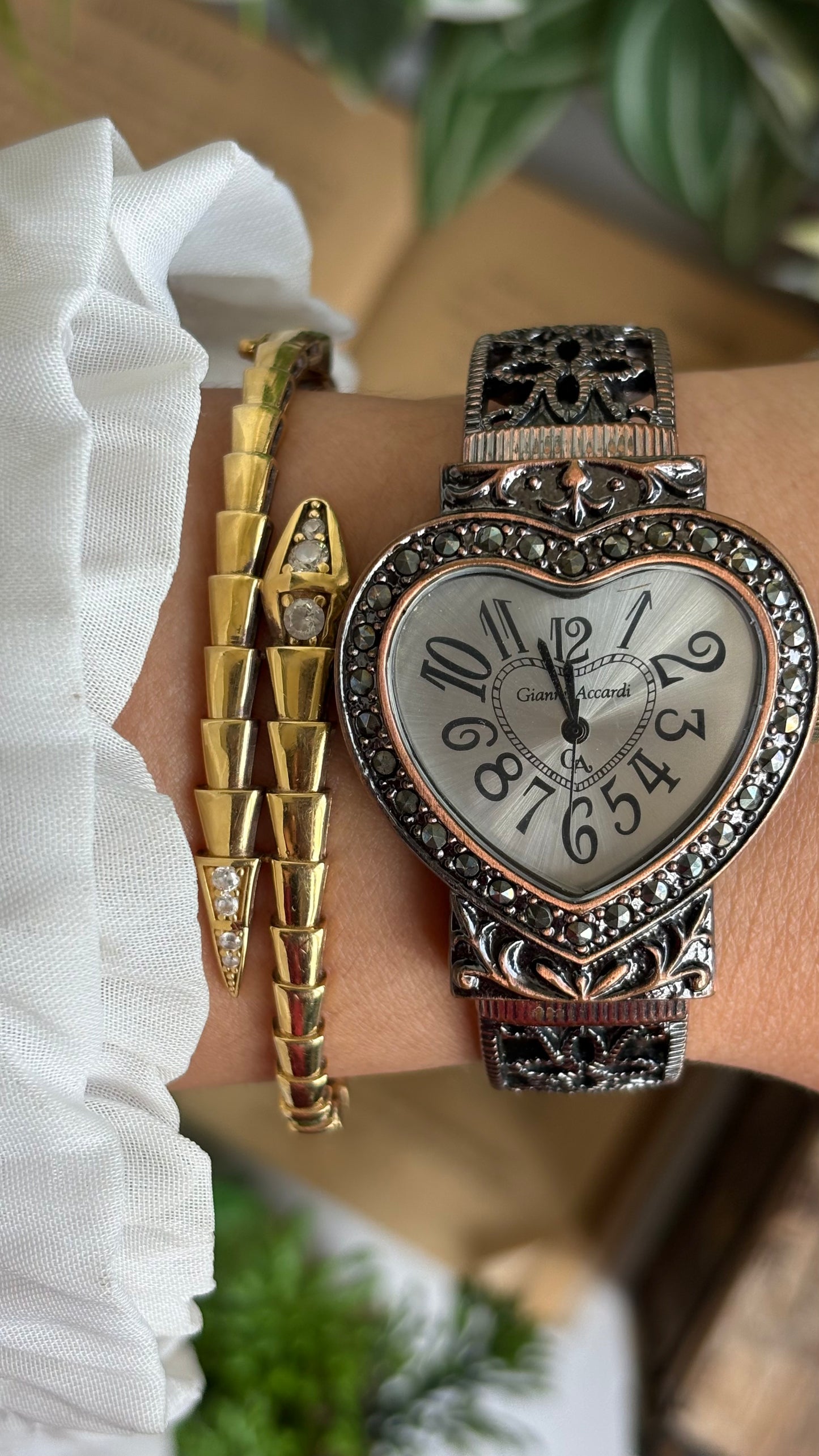 Vintage Gianni Accardi Rare Heart Bangle Watch in Bronze Tone