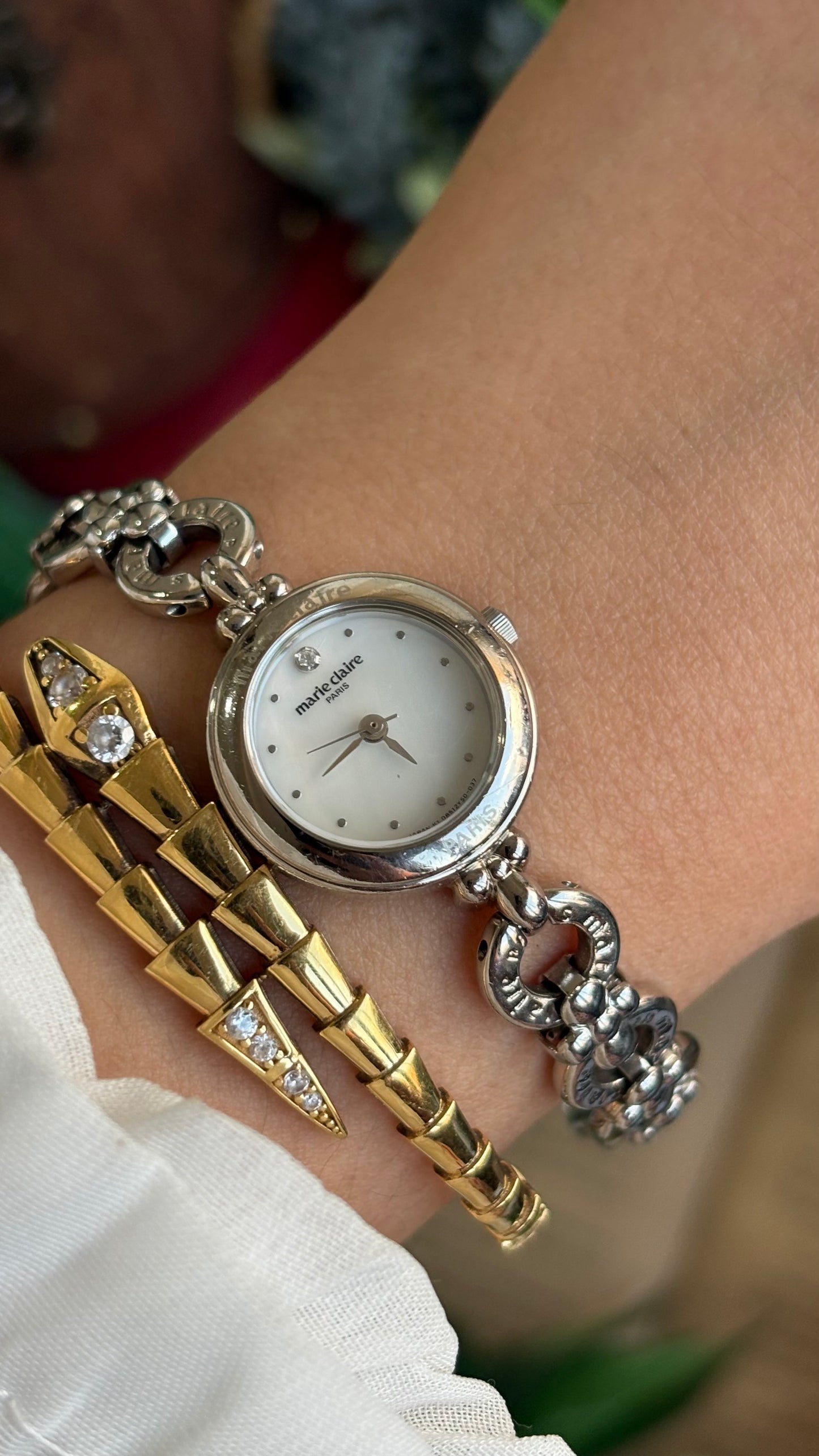Vintage Marie Claire Paris Watch in Silver Tone Flower Straps Pearl Dial