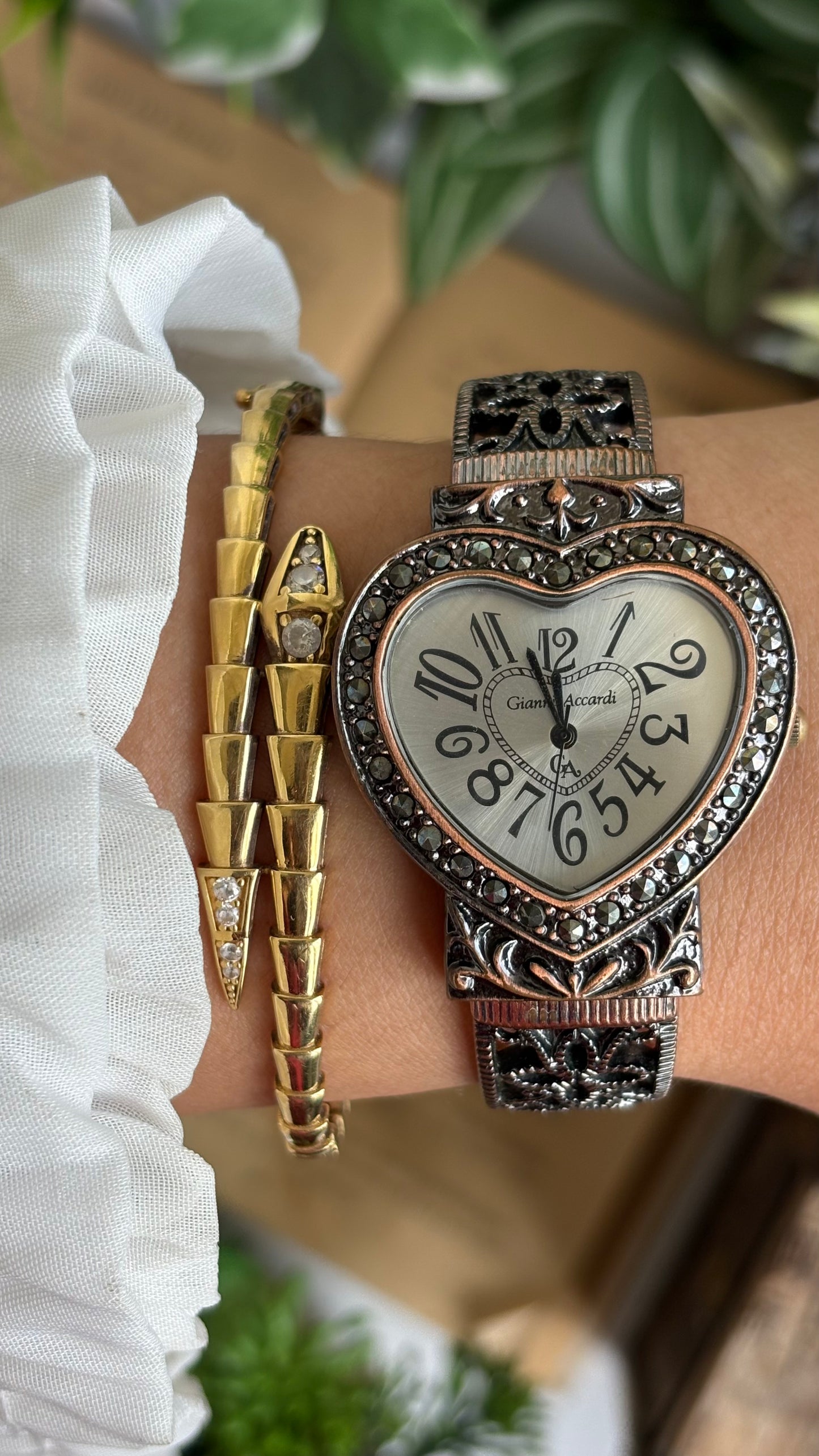 Vintage Gianni Accardi Rare Heart Bangle Watch in Bronze Tone