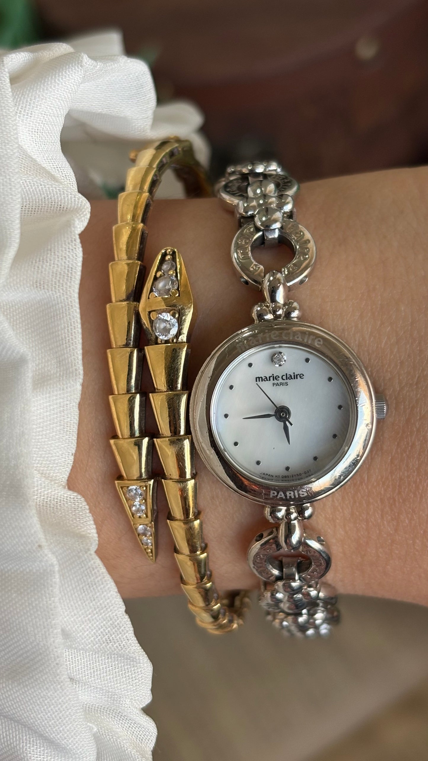 Vintage Marie Claire Paris Watch in Silver Tone Flower Straps Pearl Dial