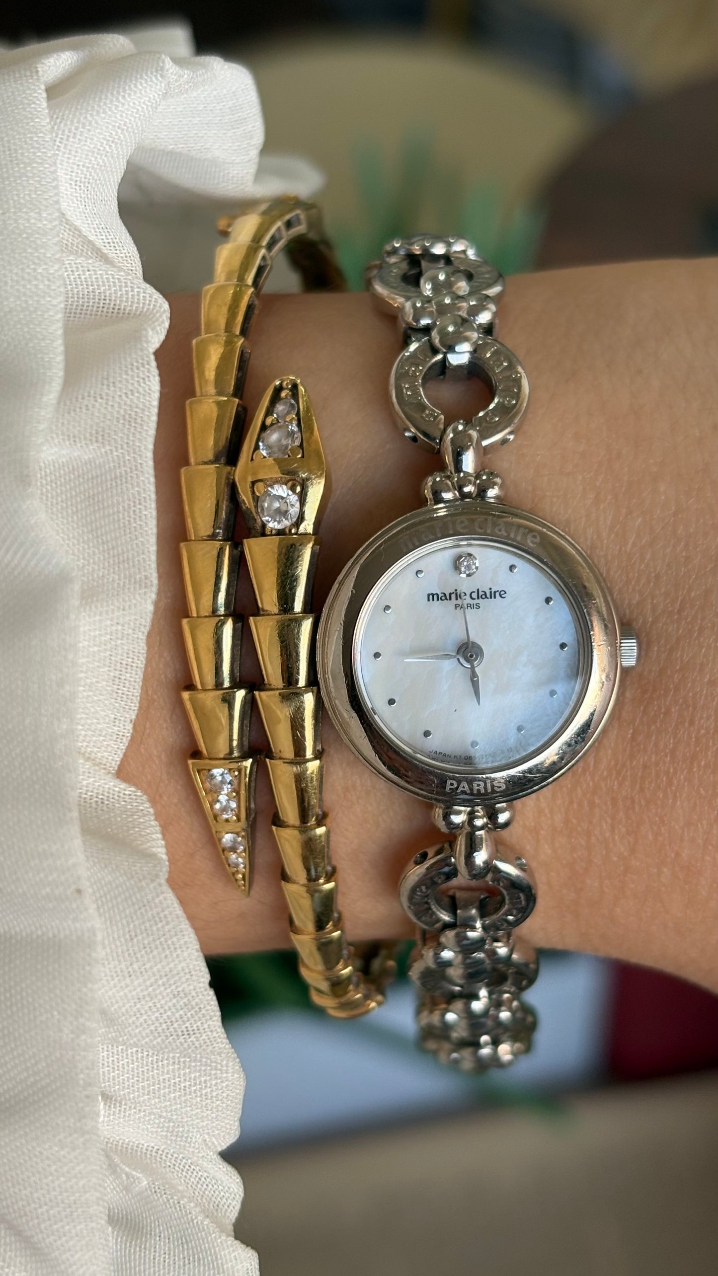 Vintage Marie Claire Paris Watch in Silver Tone Flower Straps Pearl Dial
