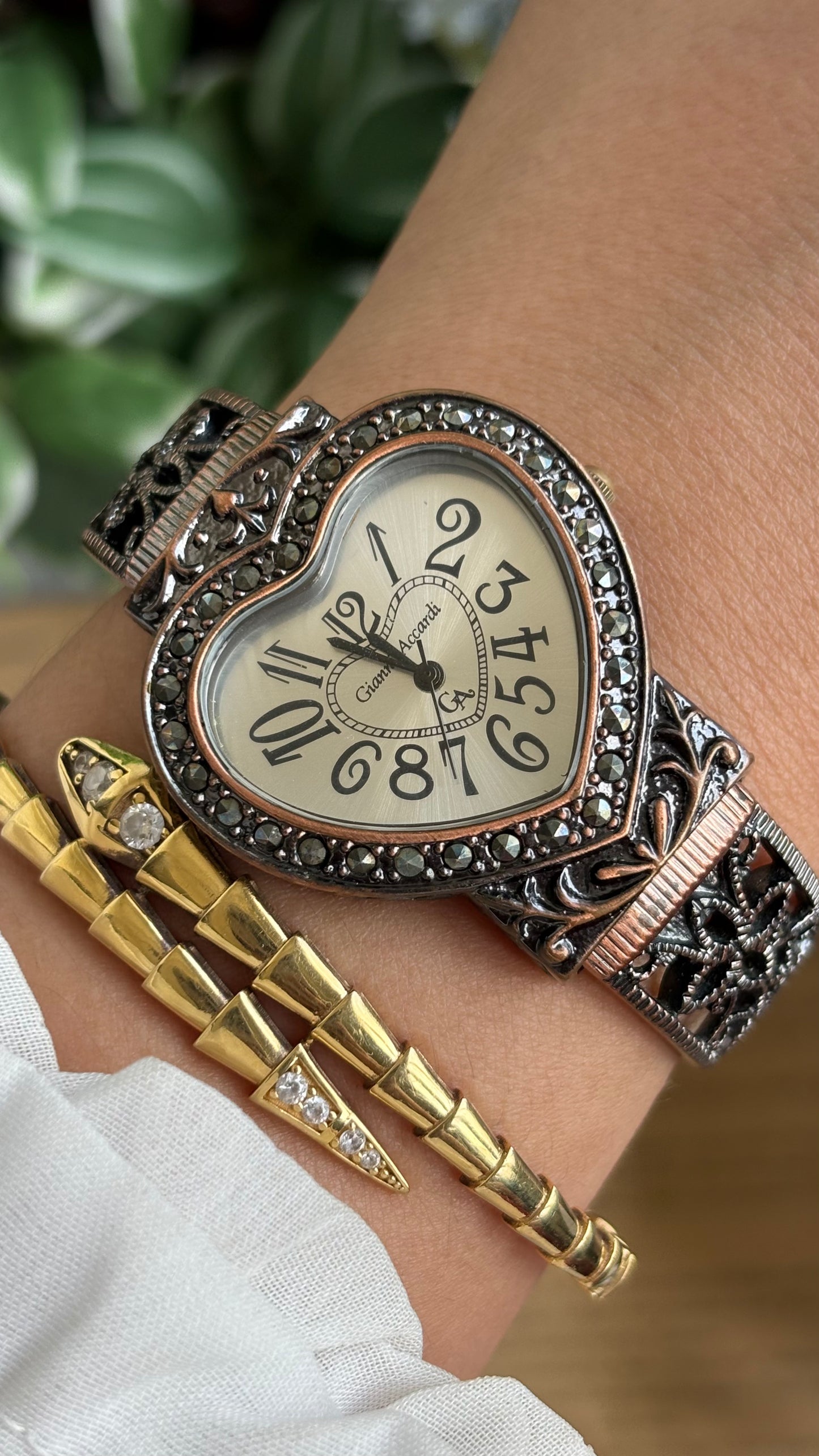 Vintage Gianni Accardi Rare Heart Bangle Watch in Bronze Tone