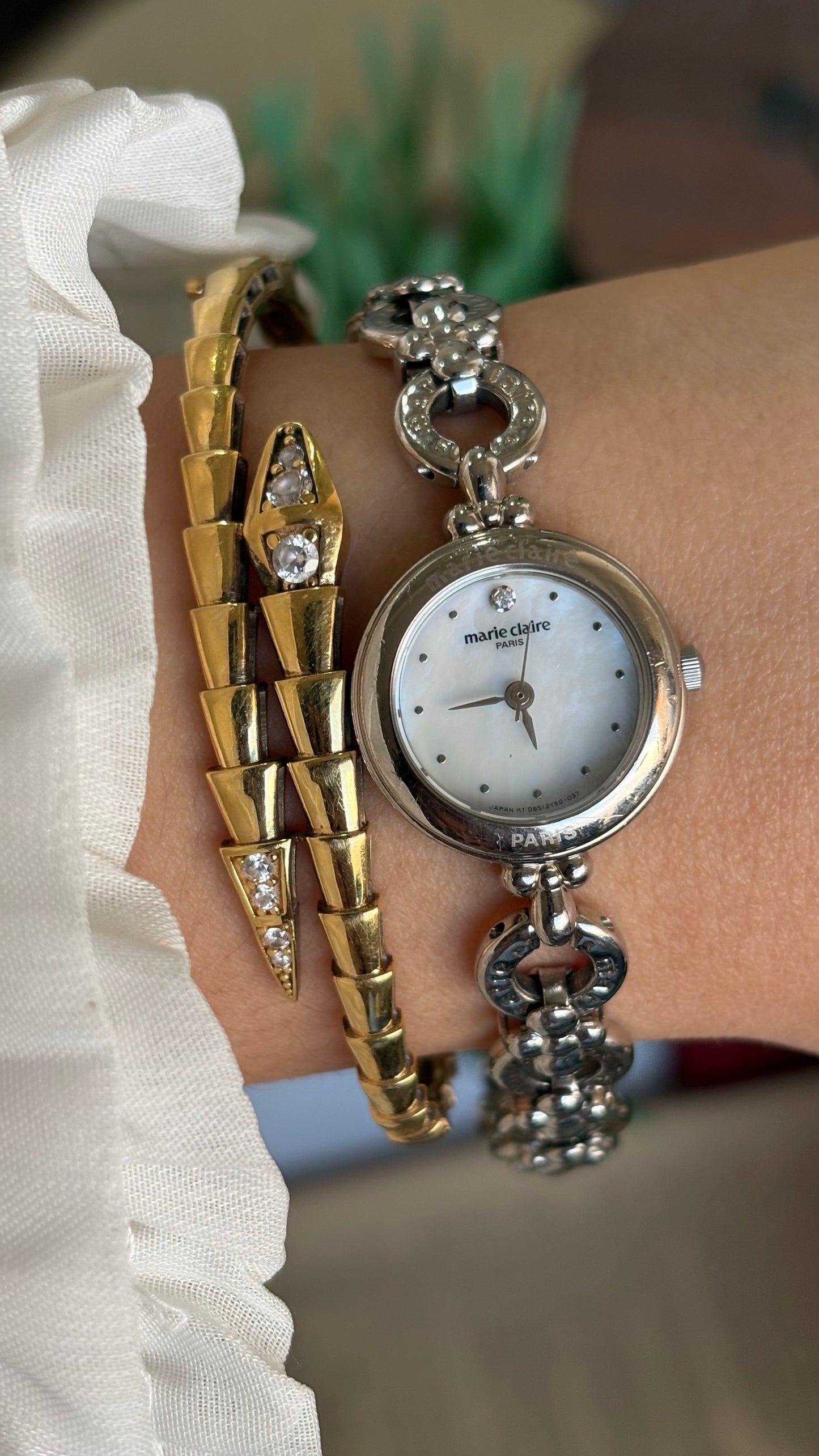 Vintage Marie Claire Paris Watch in Silver Tone Flower Straps Pearl Dial