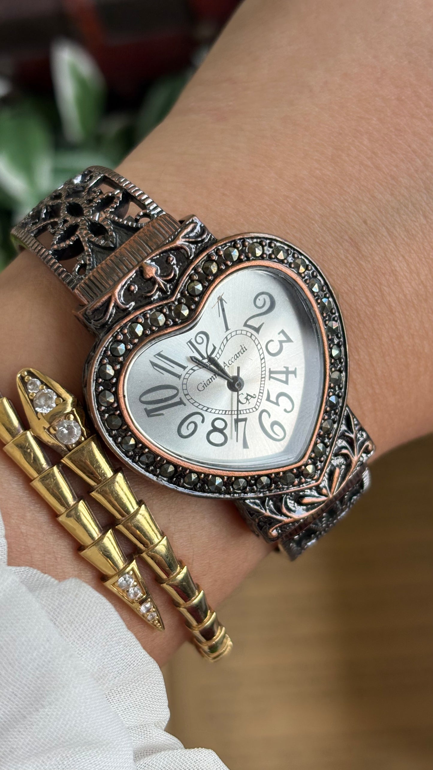 Vintage Gianni Accardi Rare Heart Bangle Watch in Bronze Tone