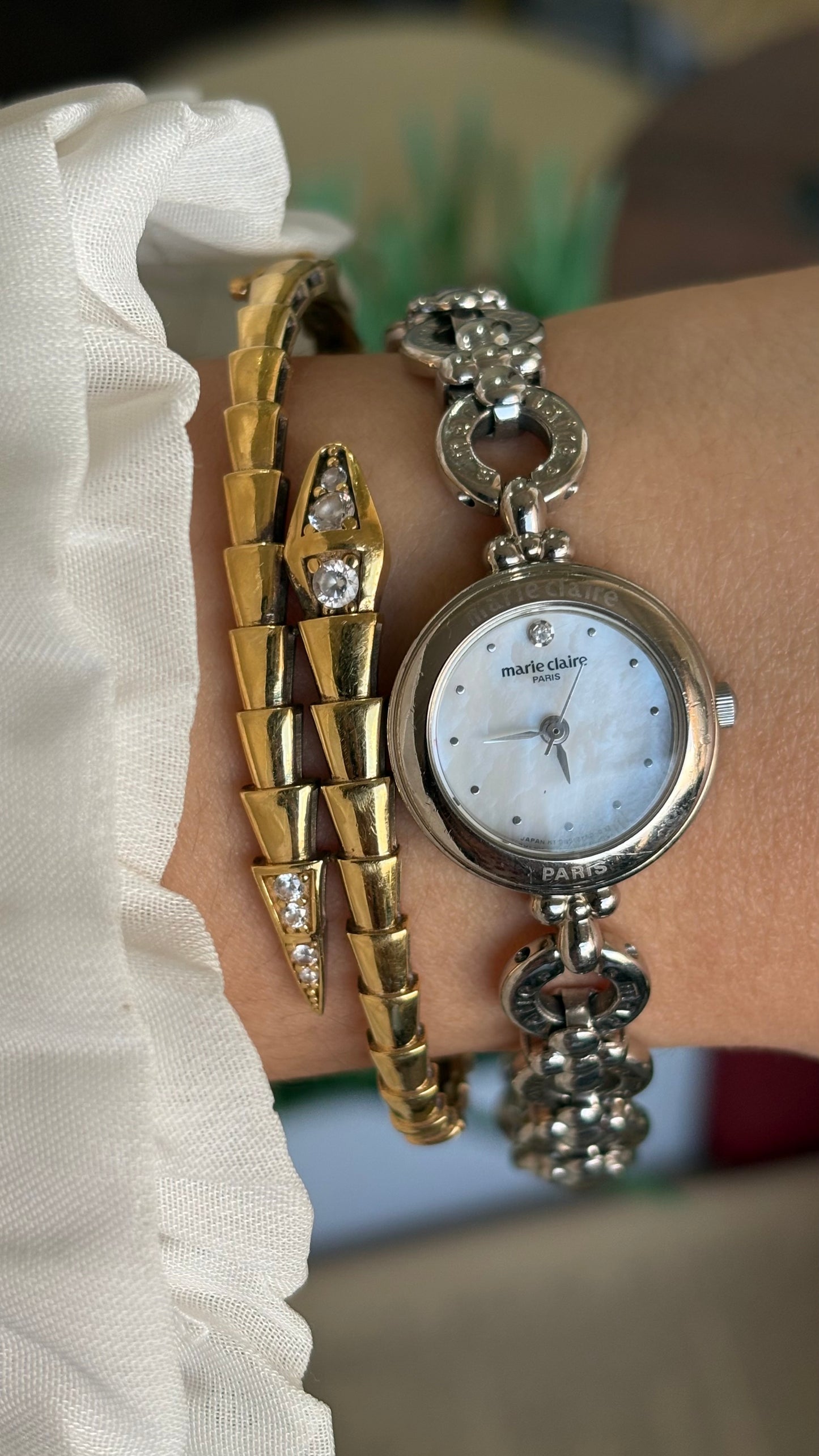 Vintage Marie Claire Paris Watch in Silver Tone Flower Straps Pearl Dial