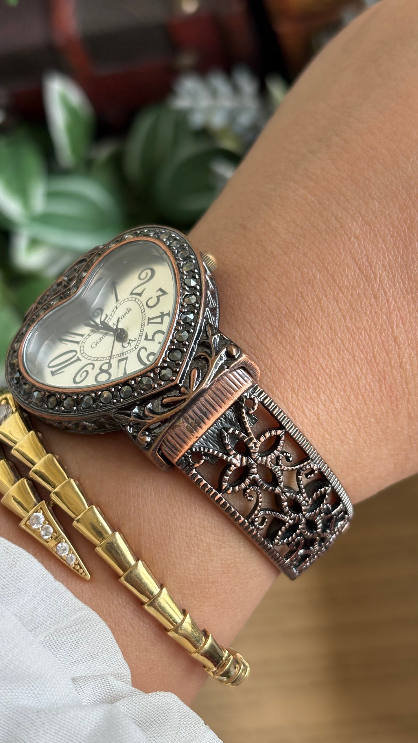 Vintage Gianni Accardi Rare Heart Bangle Watch in Bronze Tone