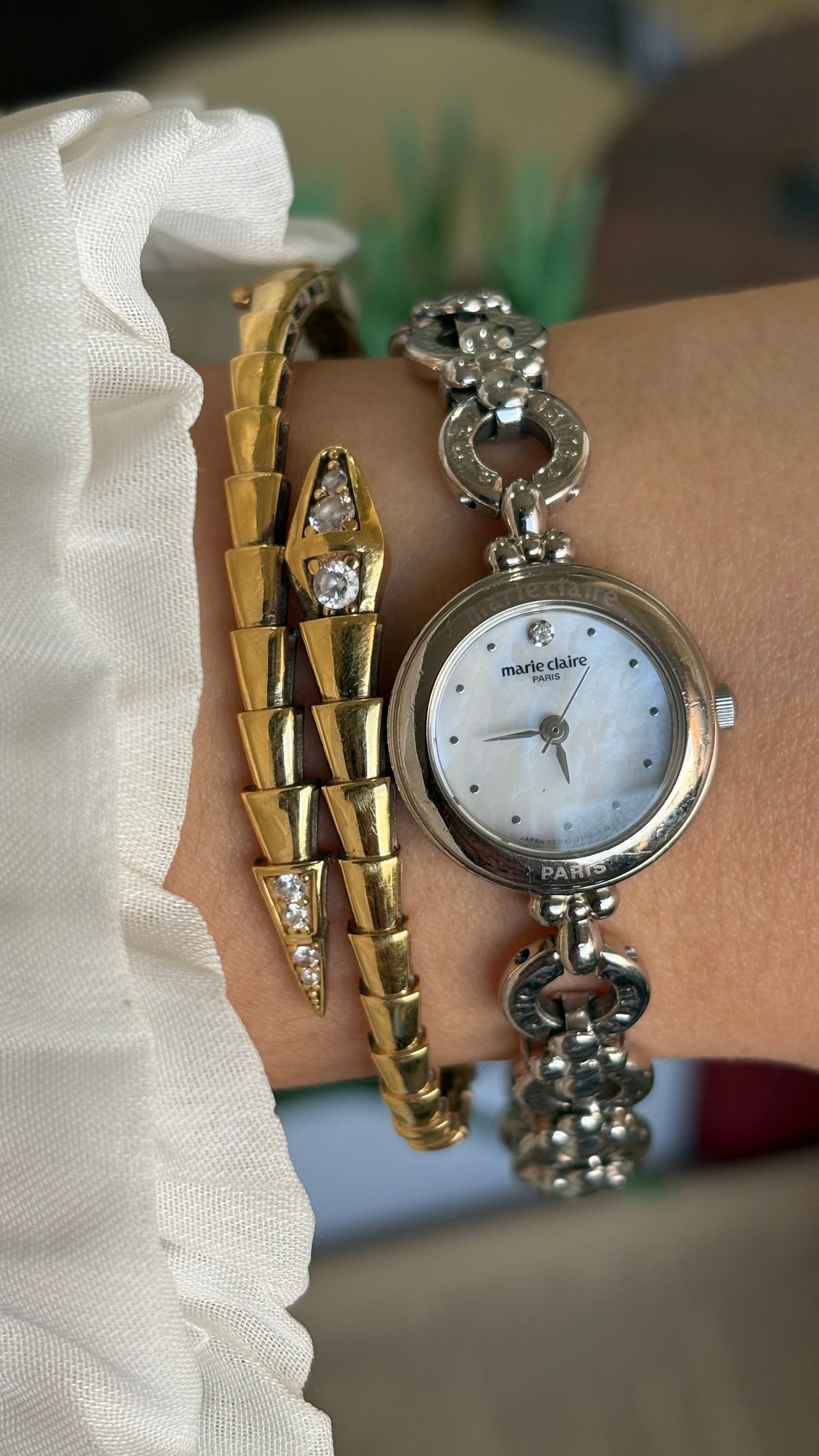 Vintage Marie Claire Paris Watch in Silver Tone Flower Straps Pearl Dial