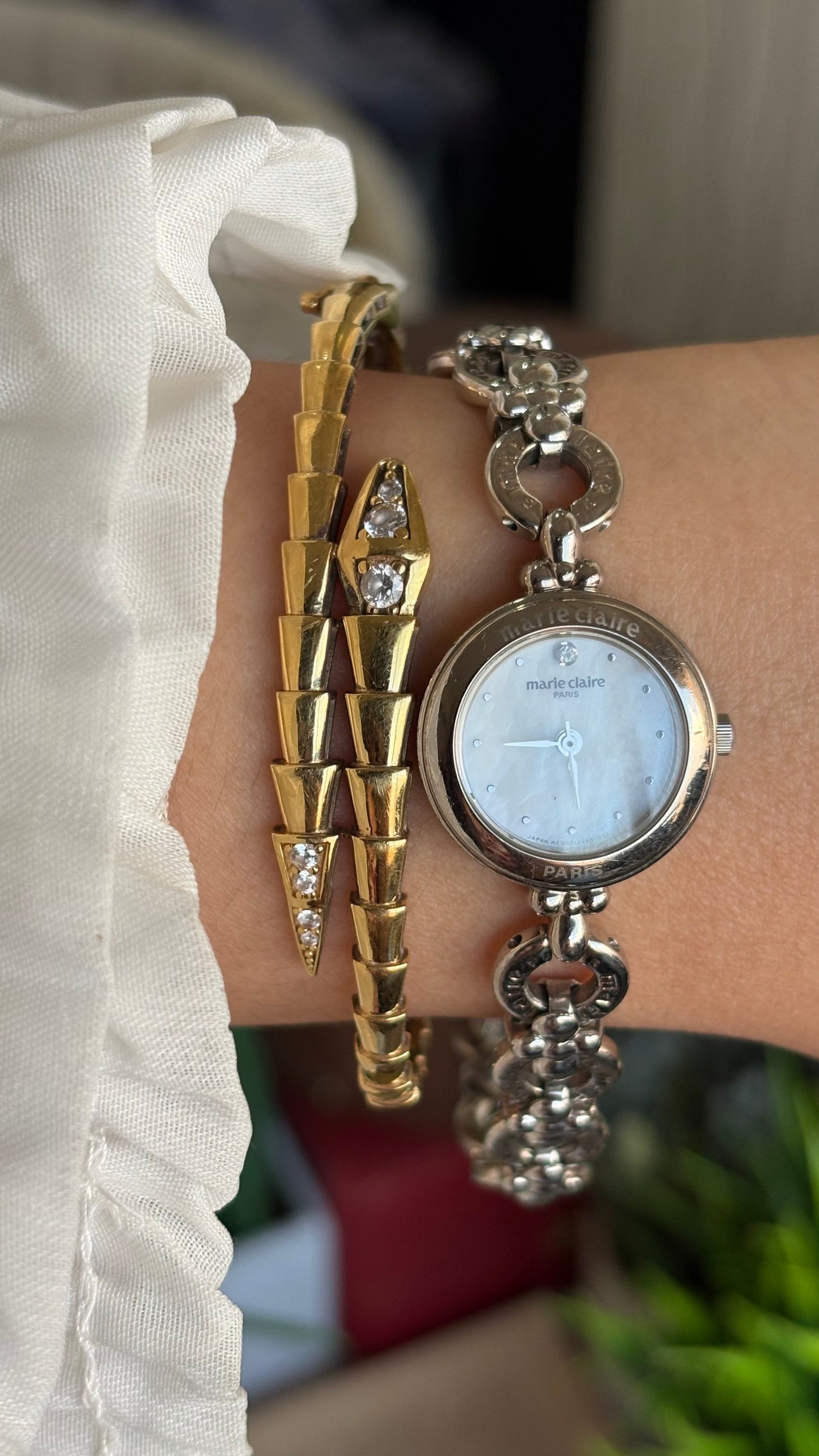 Vintage Marie Claire Paris Watch in Silver Tone Flower Straps Pearl Dial