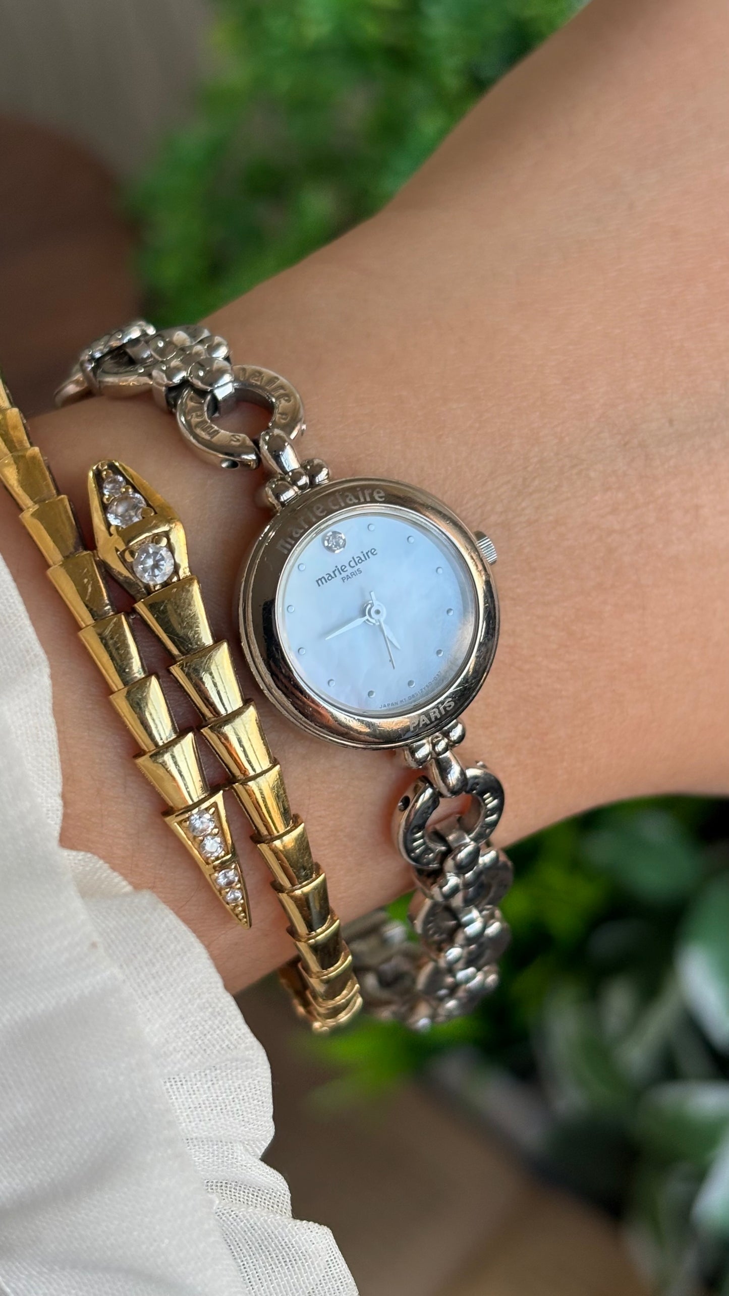 Vintage Marie Claire Paris Watch in Silver Tone Flower Straps Pearl Dial