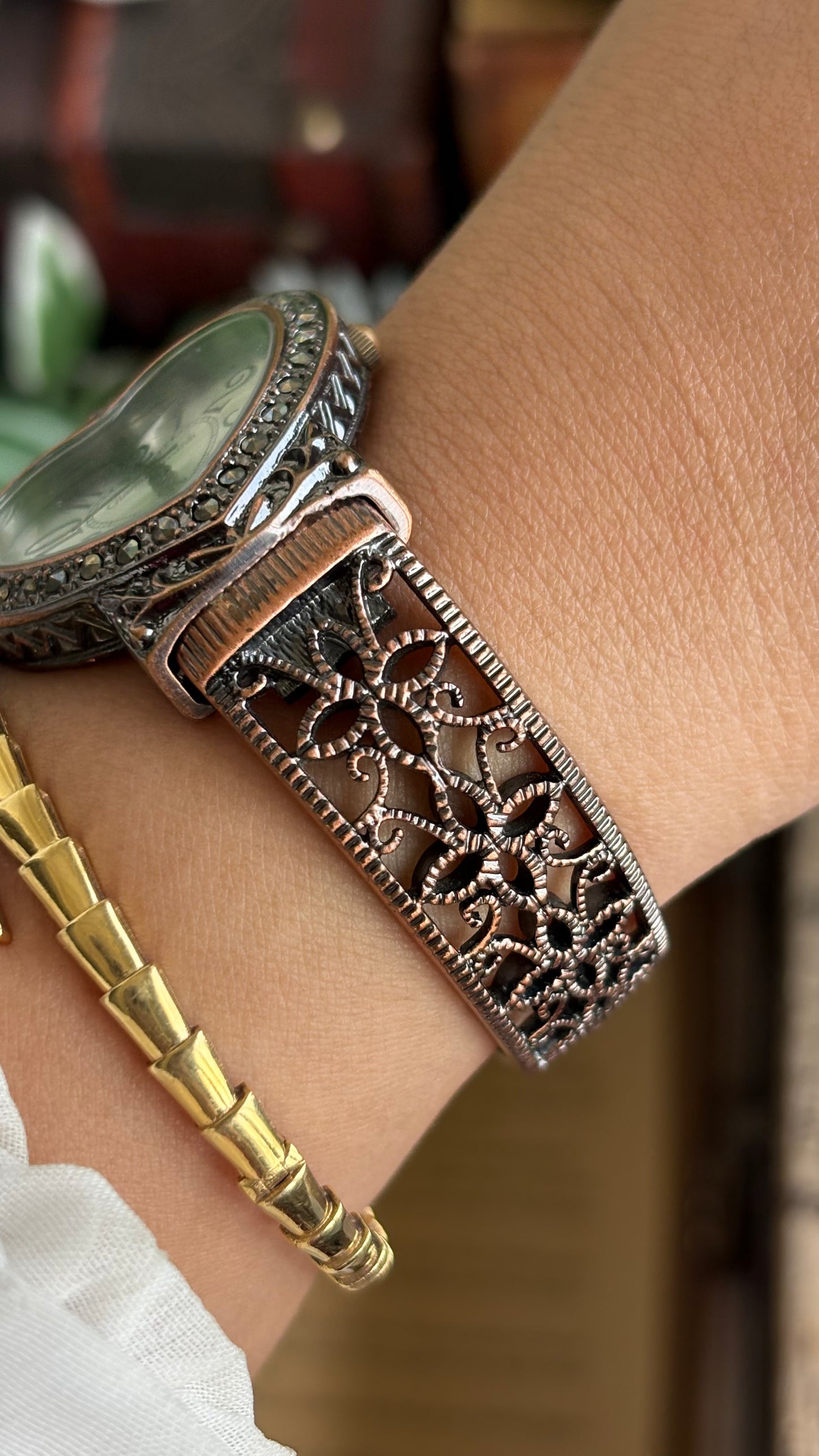 Vintage Gianni Accardi Rare Heart Bangle Watch in Bronze Tone