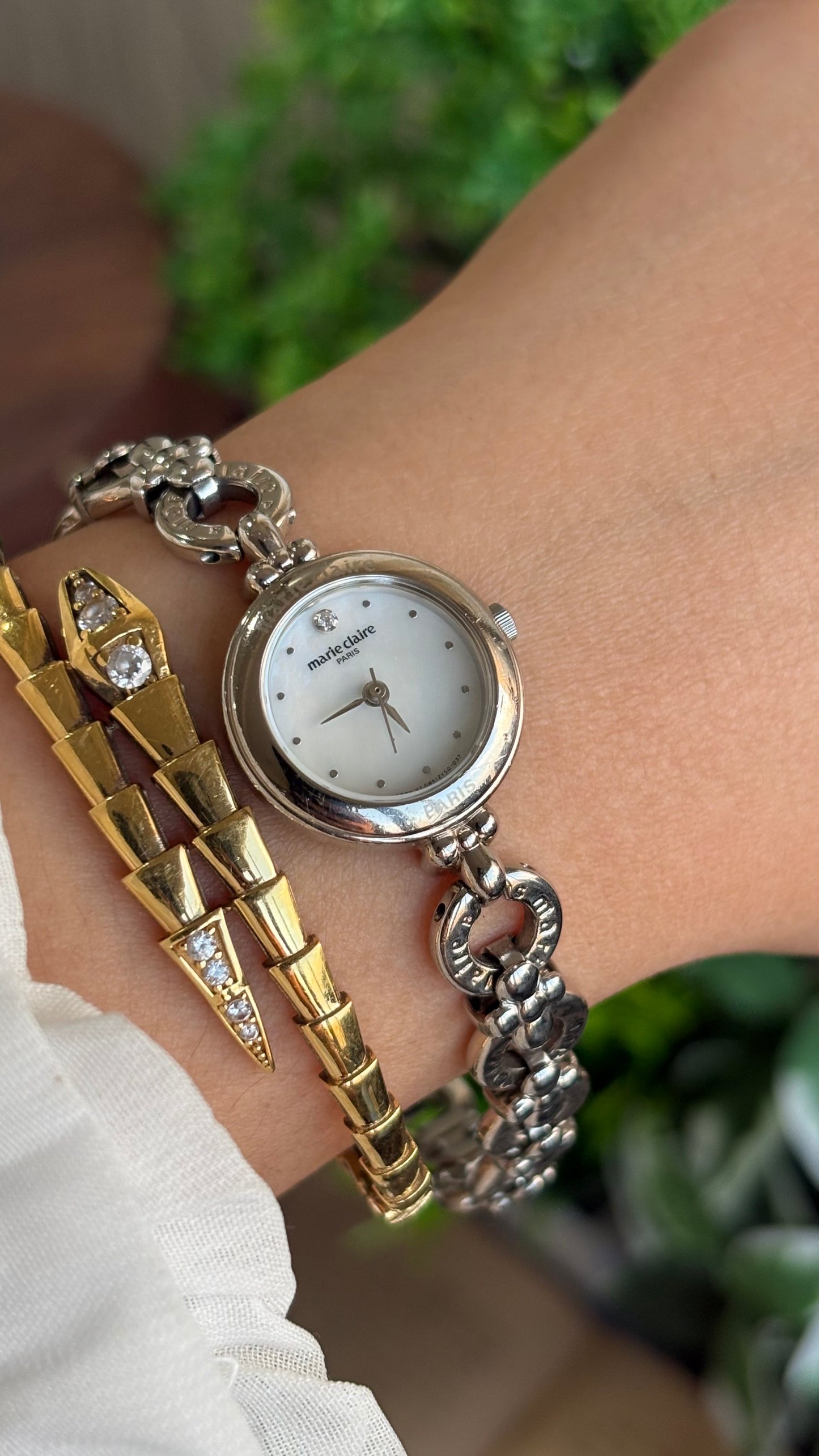 Vintage Marie Claire Paris Watch in Silver Tone Flower Straps Pearl Dial