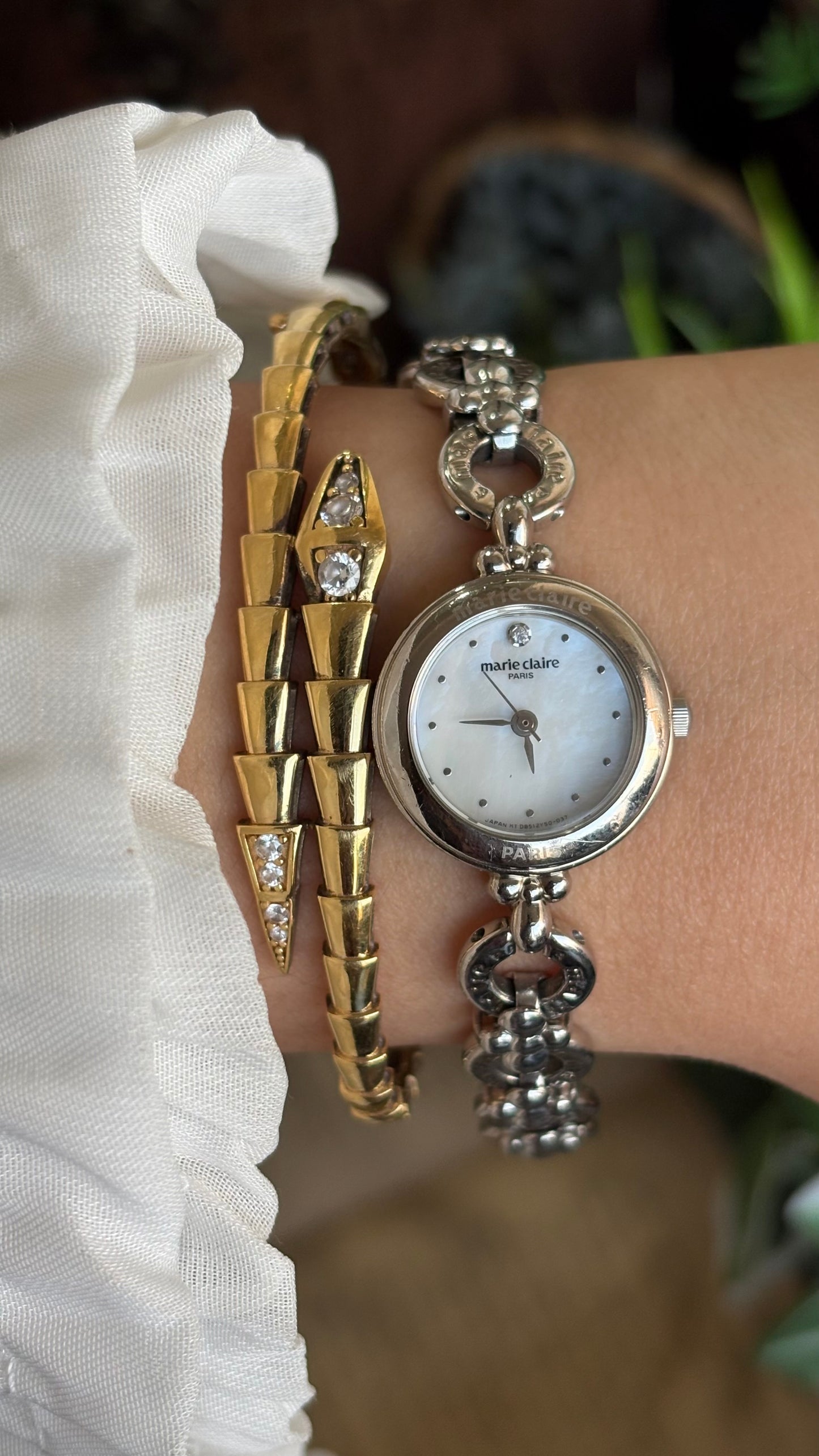 Vintage Marie Claire Paris Watch in Silver Tone Flower Straps Pearl Dial