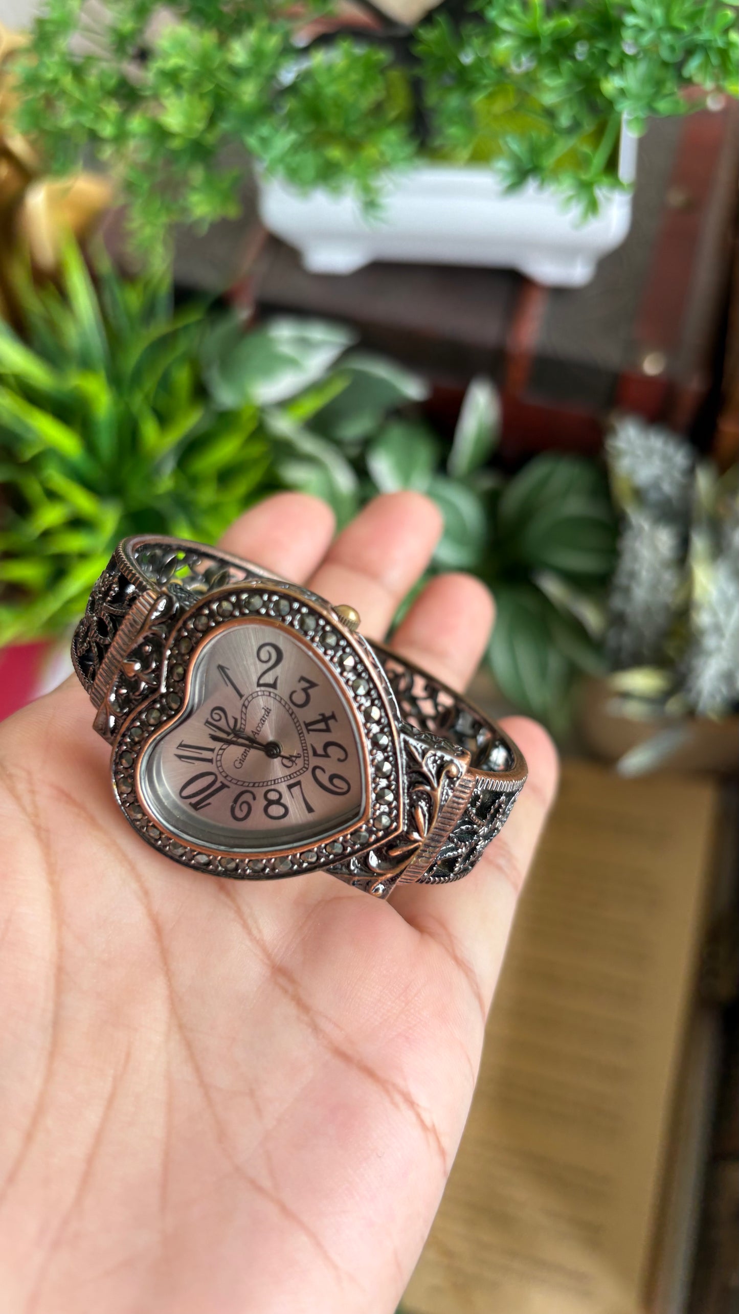 Vintage Gianni Accardi Rare Heart Bangle Watch in Bronze Tone
