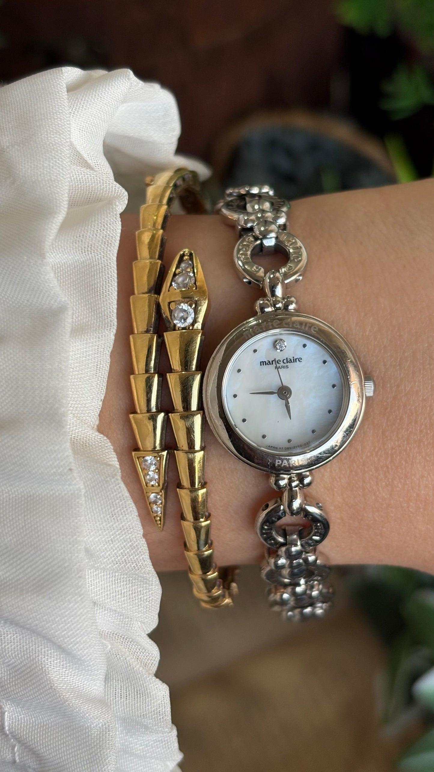 Vintage Marie Claire Paris Watch in Silver Tone Flower Straps Pearl Dial