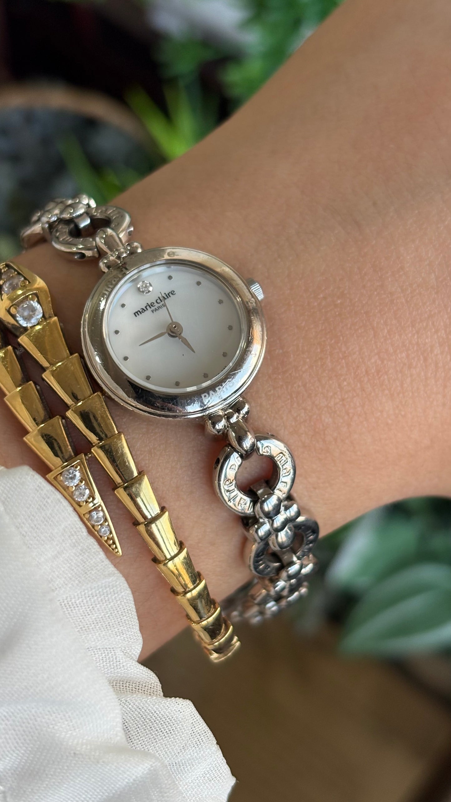 Vintage Marie Claire Paris Watch in Silver Tone Flower Straps Pearl Dial