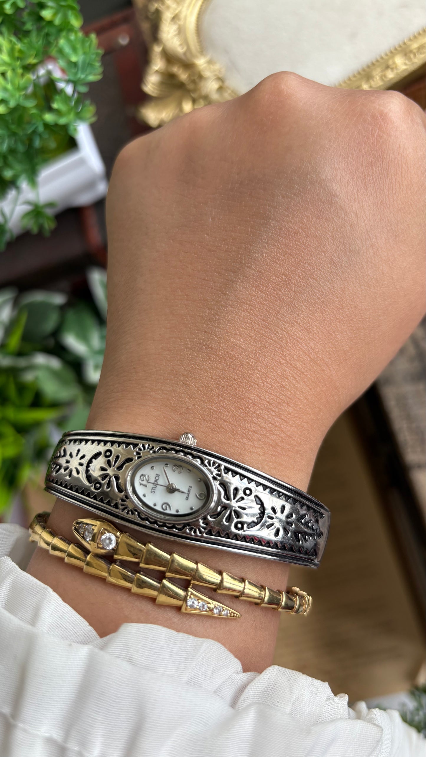 Vintage Studio Time Slim Bangle Watch in Silver Tone Oval Face Art Deco