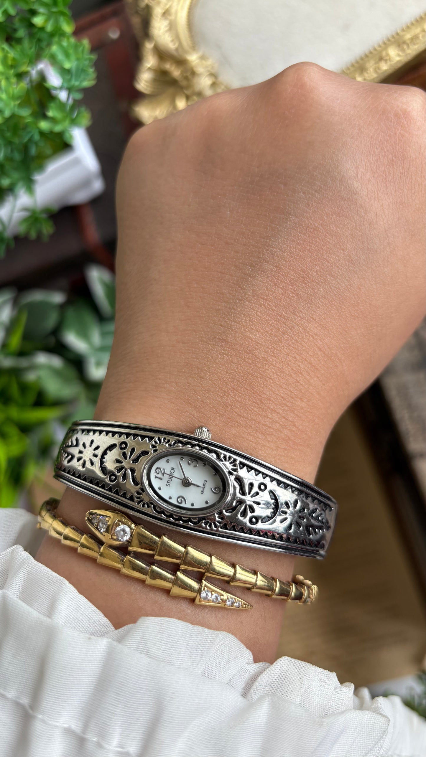 Vintage Studio Time Slim Bangle Watch in Silver Tone Oval Face Art Deco