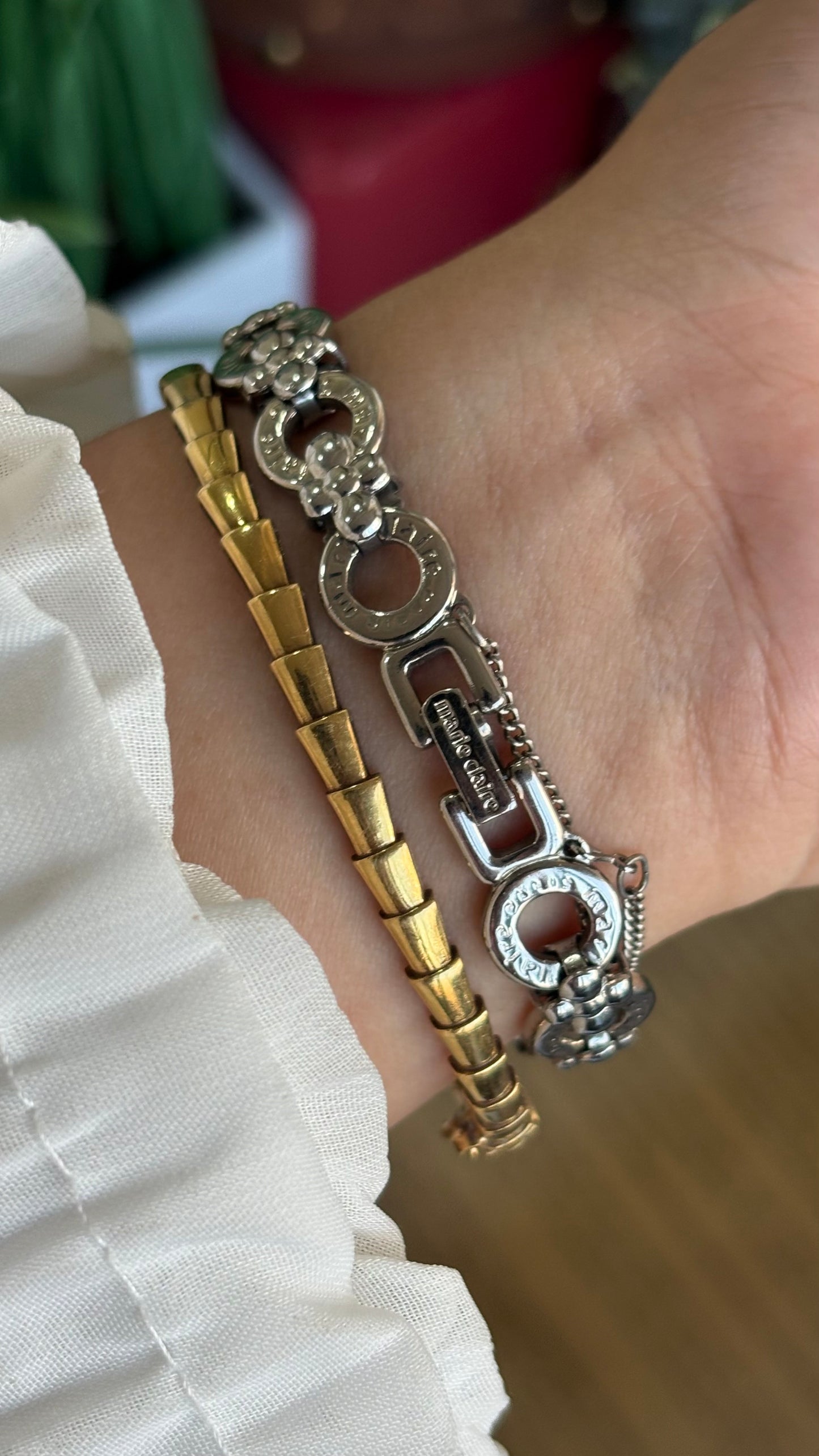 Vintage Marie Claire Paris Watch in Silver Tone Flower Straps Pearl Dial