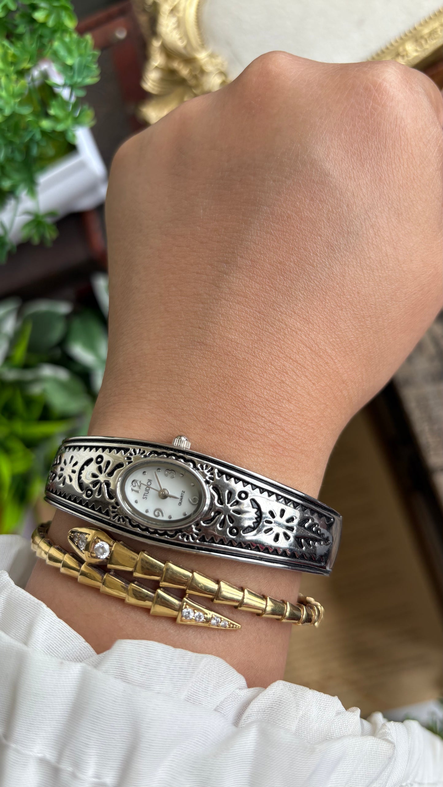 Vintage Studio Time Slim Bangle Watch in Silver Tone Oval Face Art Deco