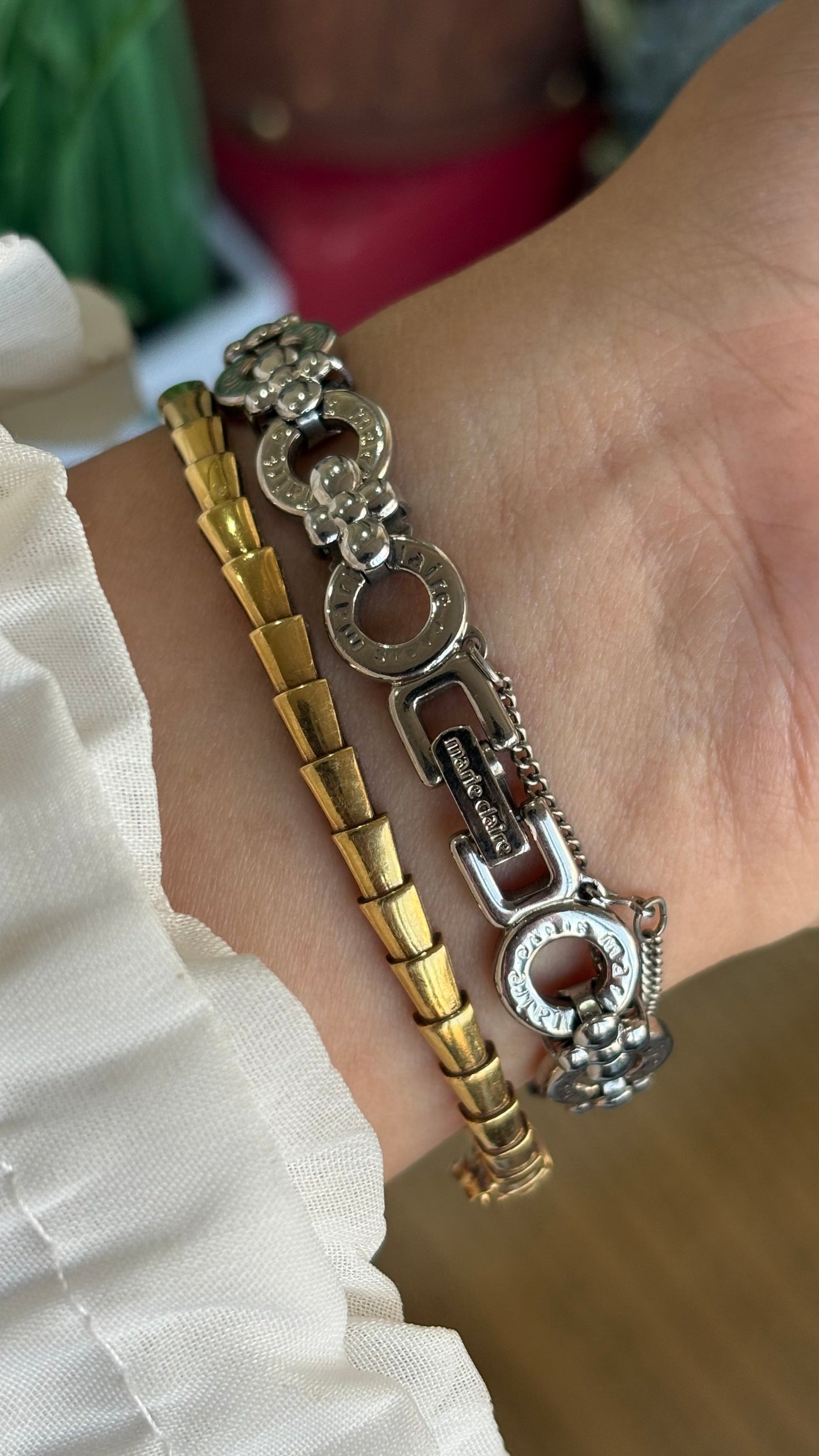 Vintage Marie Claire Paris Watch in Silver Tone Flower Straps Pearl Dial