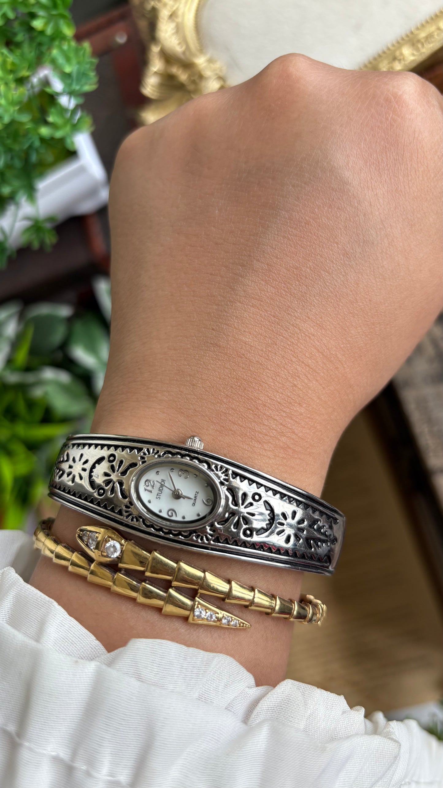 Vintage Studio Time Slim Bangle Watch in Silver Tone Oval Face Art Deco