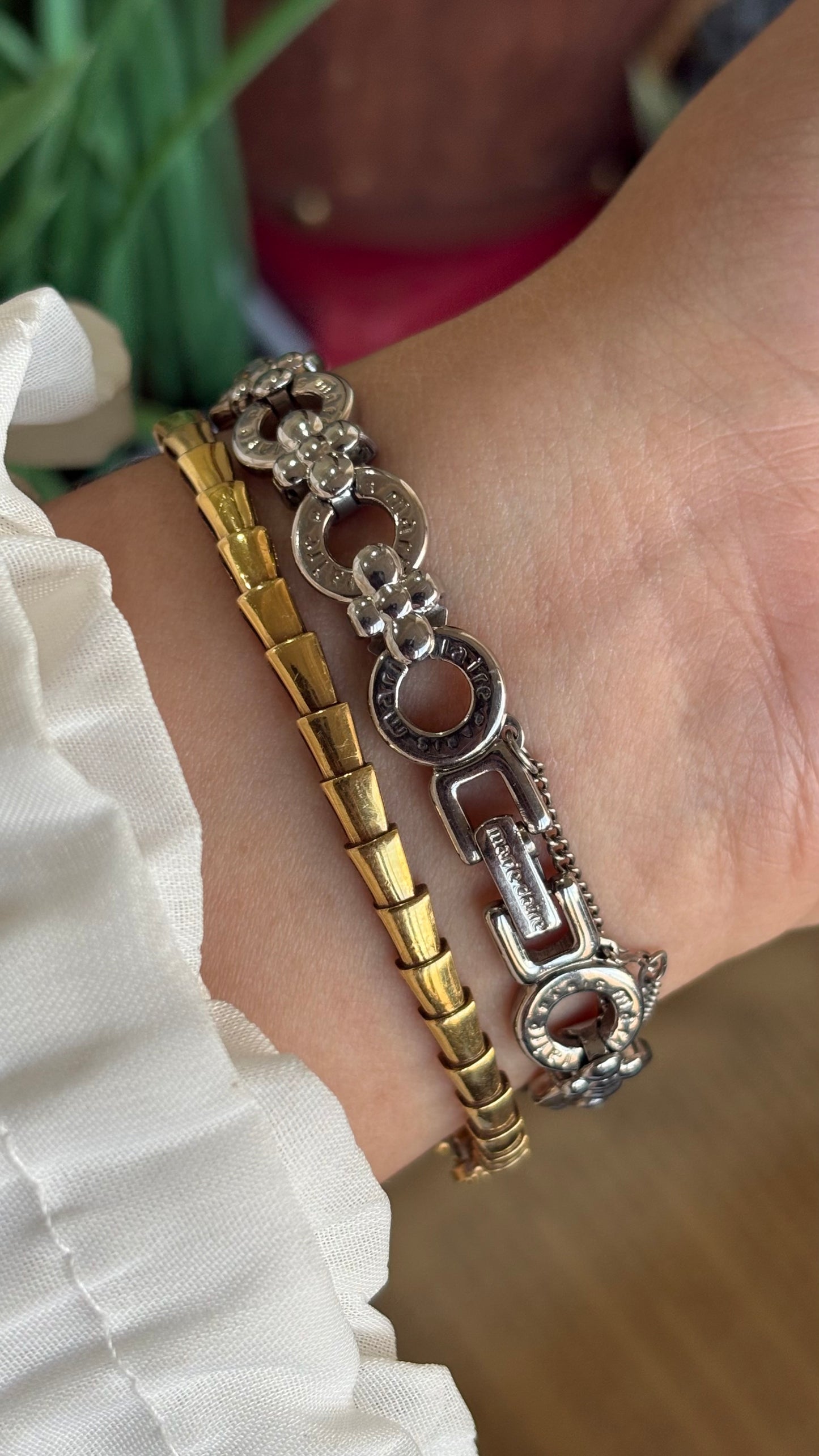 Vintage Marie Claire Paris Watch in Silver Tone Flower Straps Pearl Dial