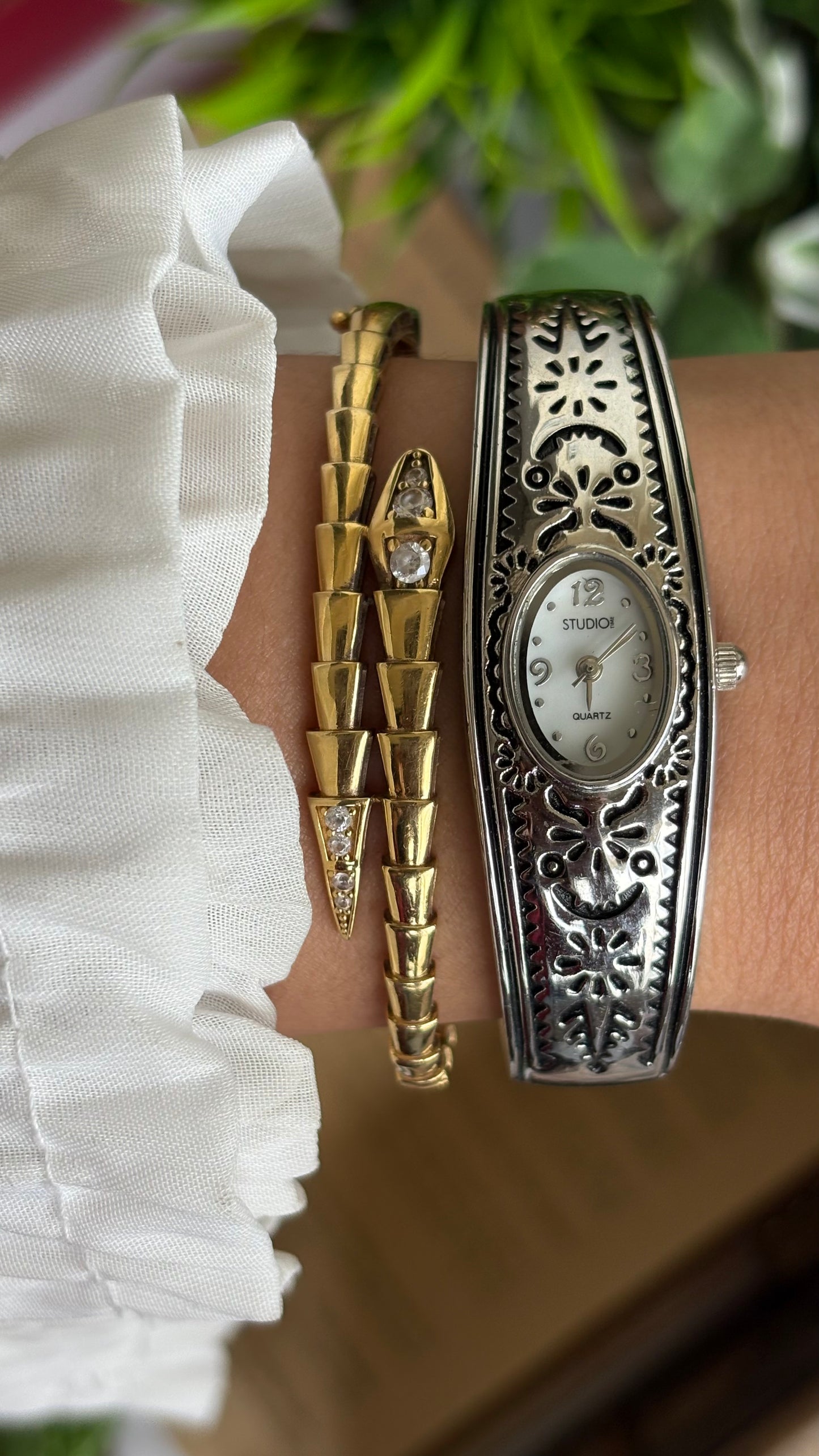 Vintage Studio Time Slim Bangle Watch in Silver Tone Oval Face Art Deco