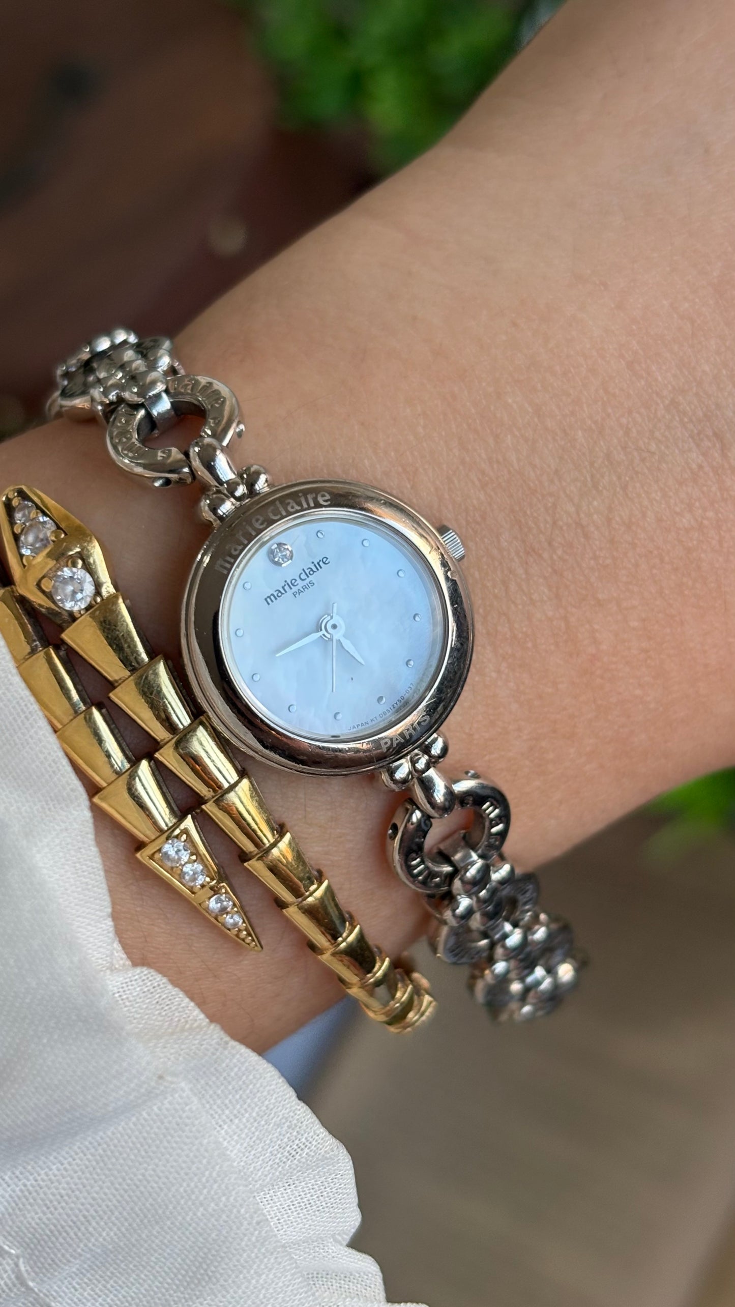 Vintage Marie Claire Paris Watch in Silver Tone Flower Straps Pearl Dial