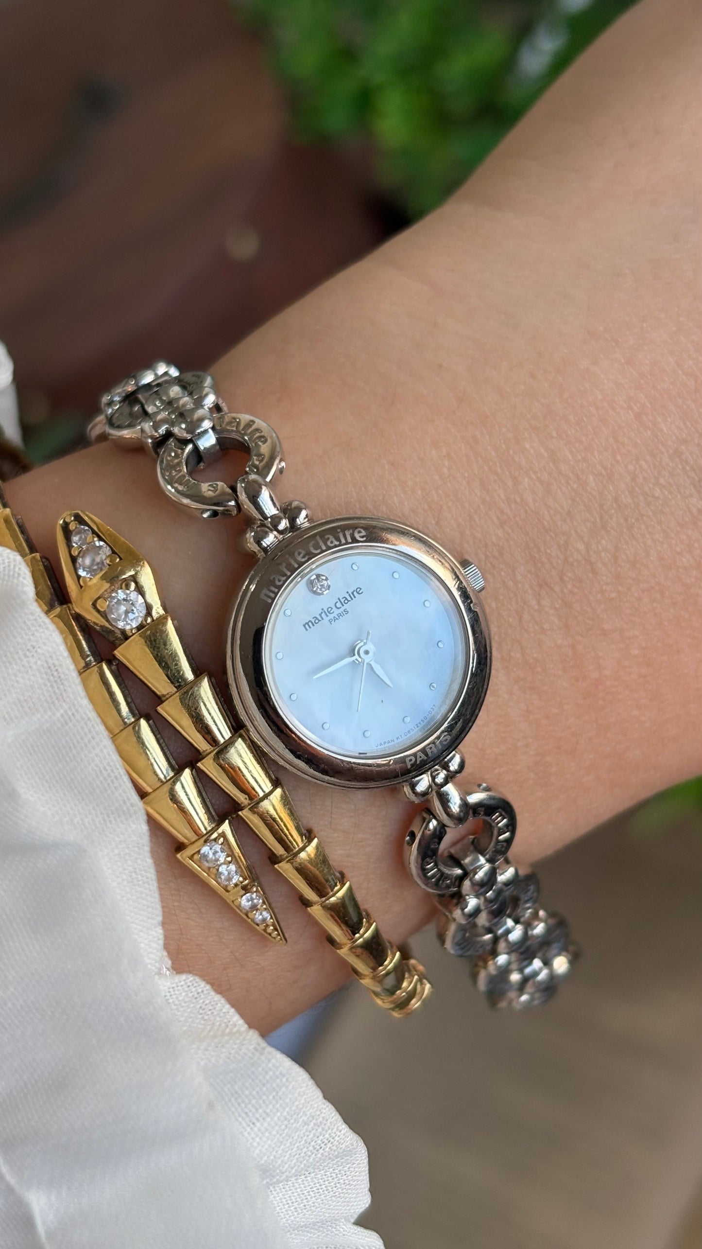 Vintage Marie Claire Paris Watch in Silver Tone Flower Straps Pearl Dial