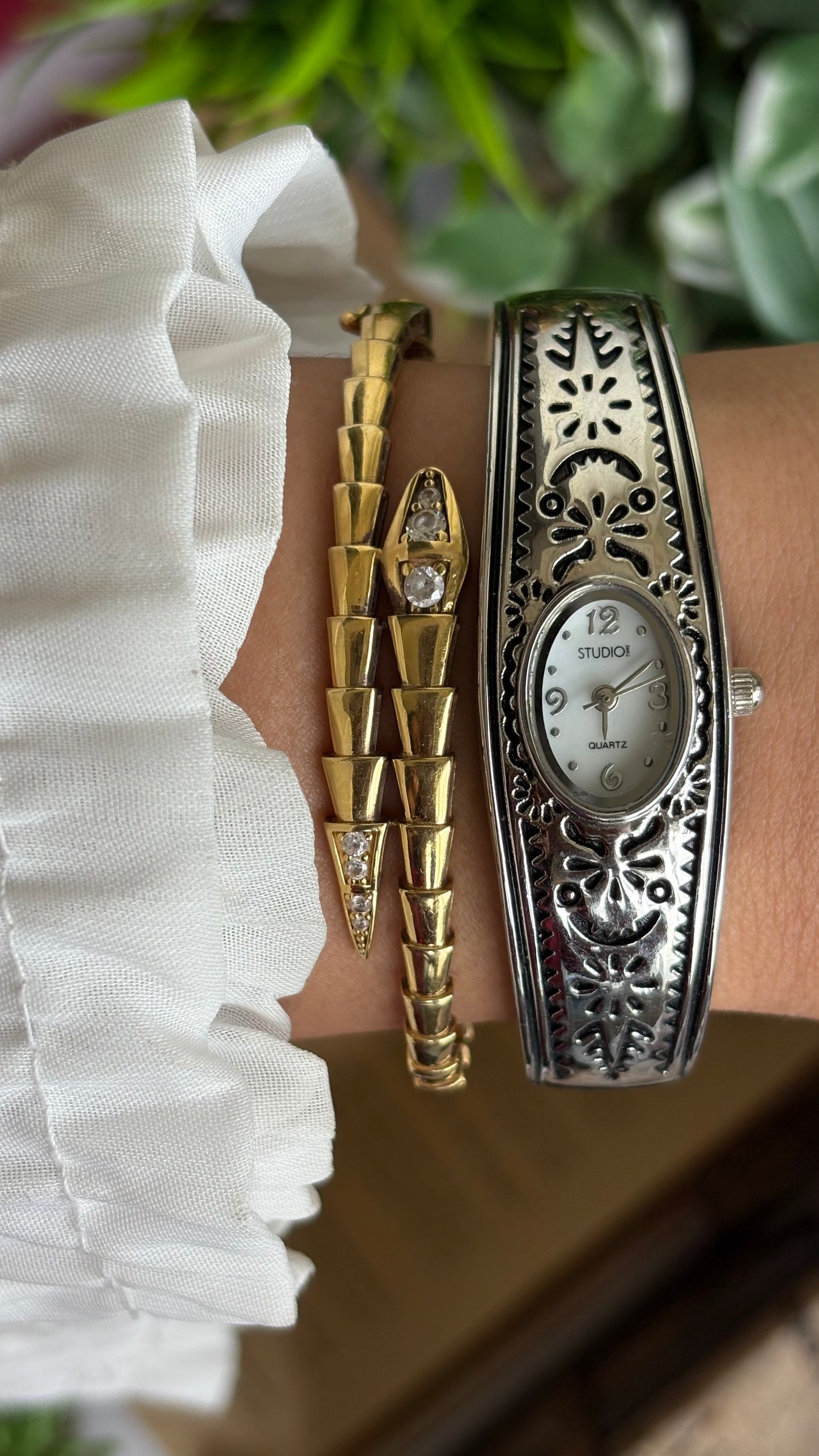 Vintage Studio Time Slim Bangle Watch in Silver Tone Oval Face Art Deco