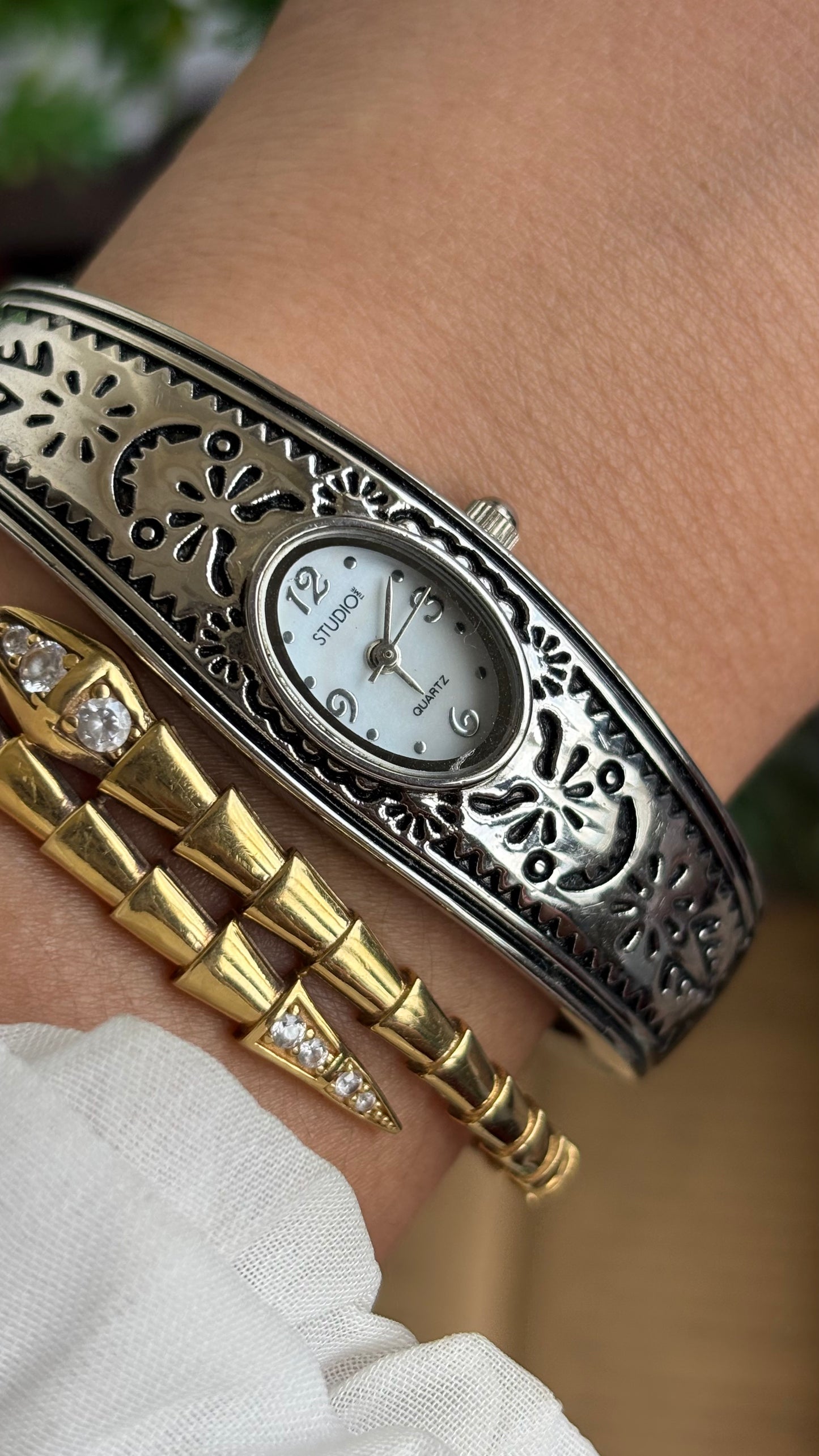 Vintage Studio Time Slim Bangle Watch in Silver Tone Oval Face Art Deco