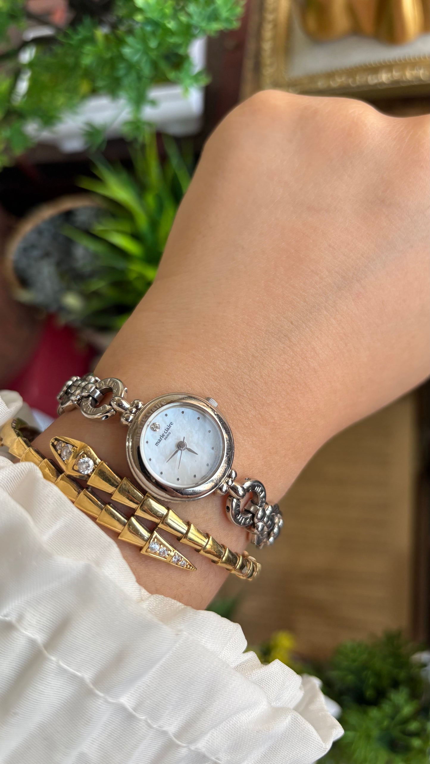Vintage Marie Claire Paris Watch in Silver Tone Flower Straps Pearl Dial