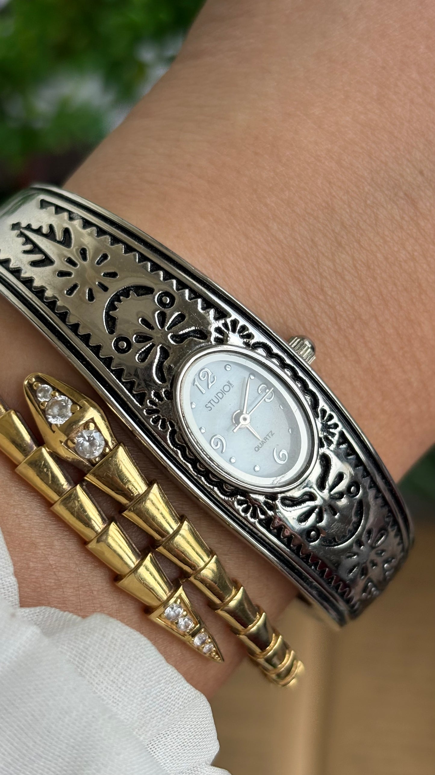 Vintage Studio Time Slim Bangle Watch in Silver Tone Oval Face Art Deco