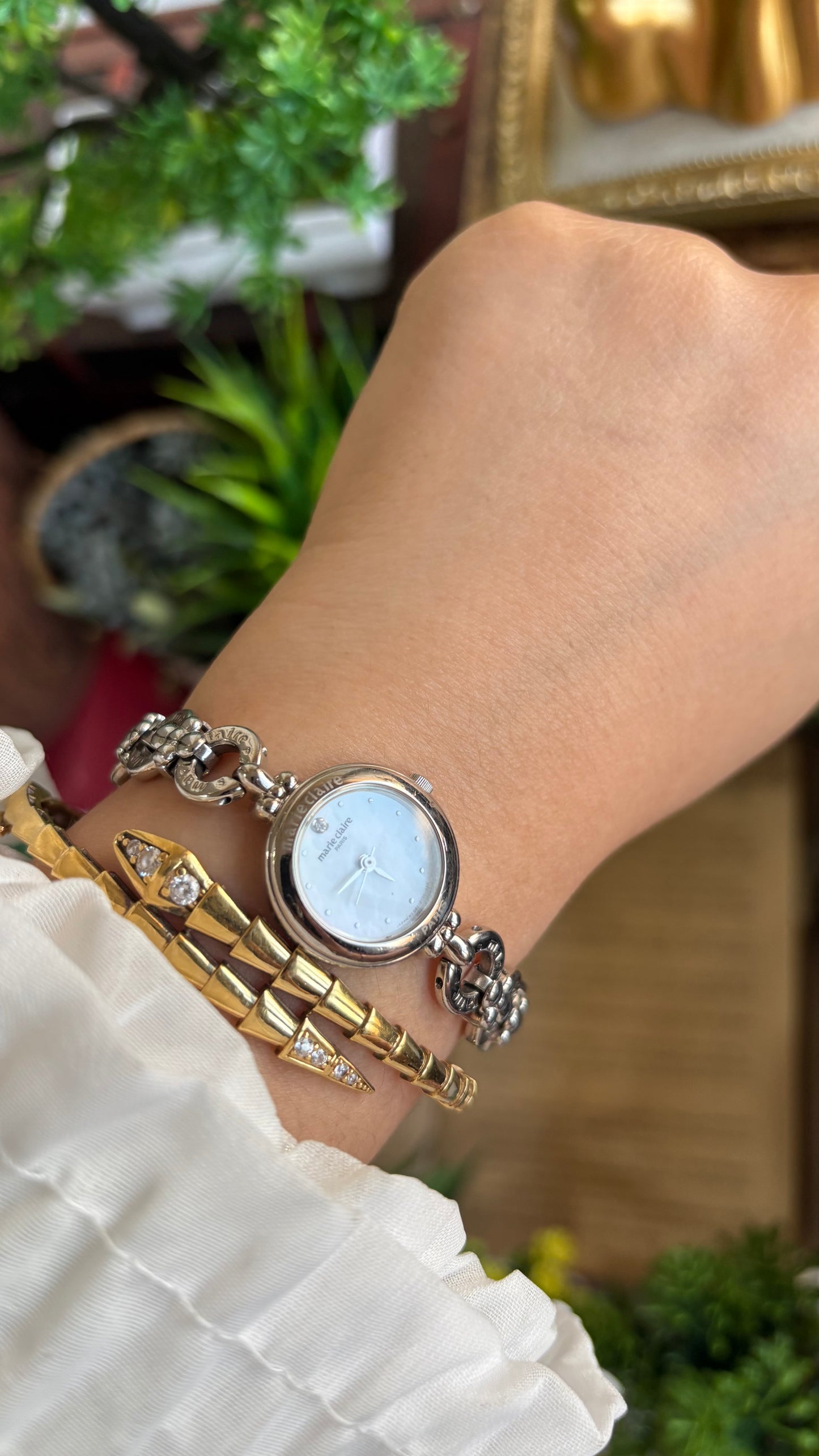 Vintage Marie Claire Paris Watch in Silver Tone Flower Straps Pearl Dial