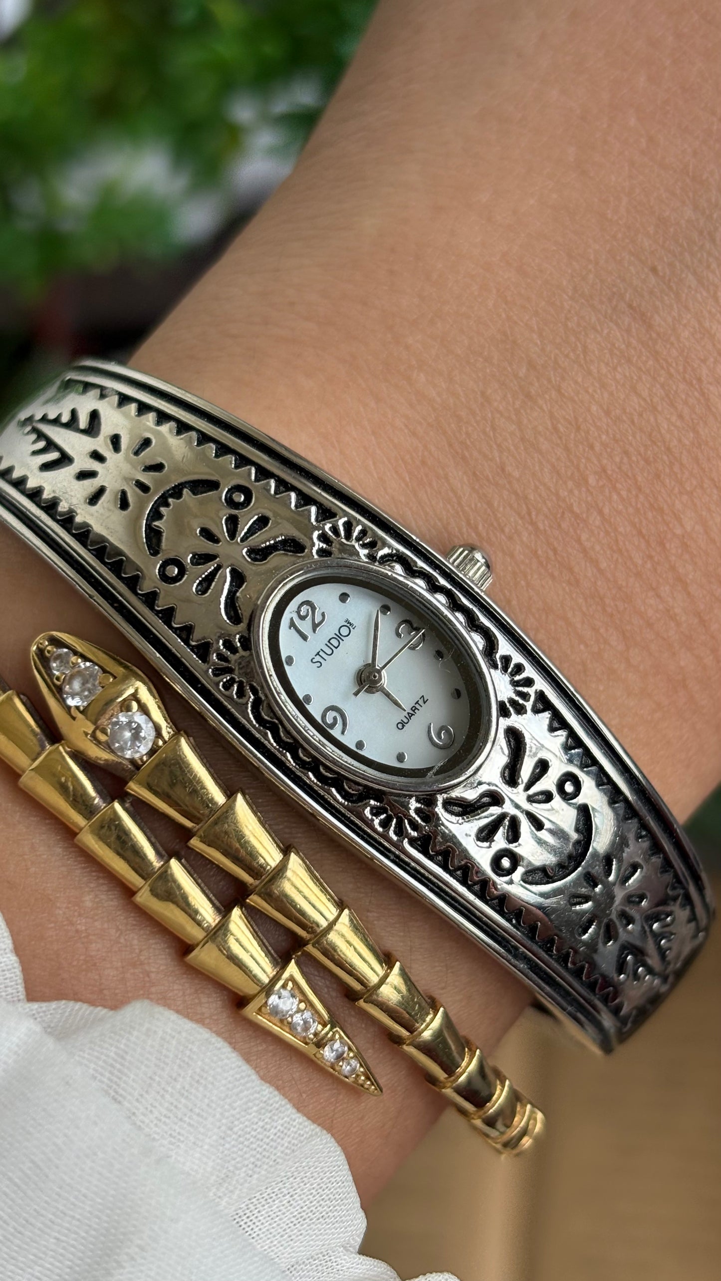Vintage Studio Time Slim Bangle Watch in Silver Tone Oval Face Art Deco