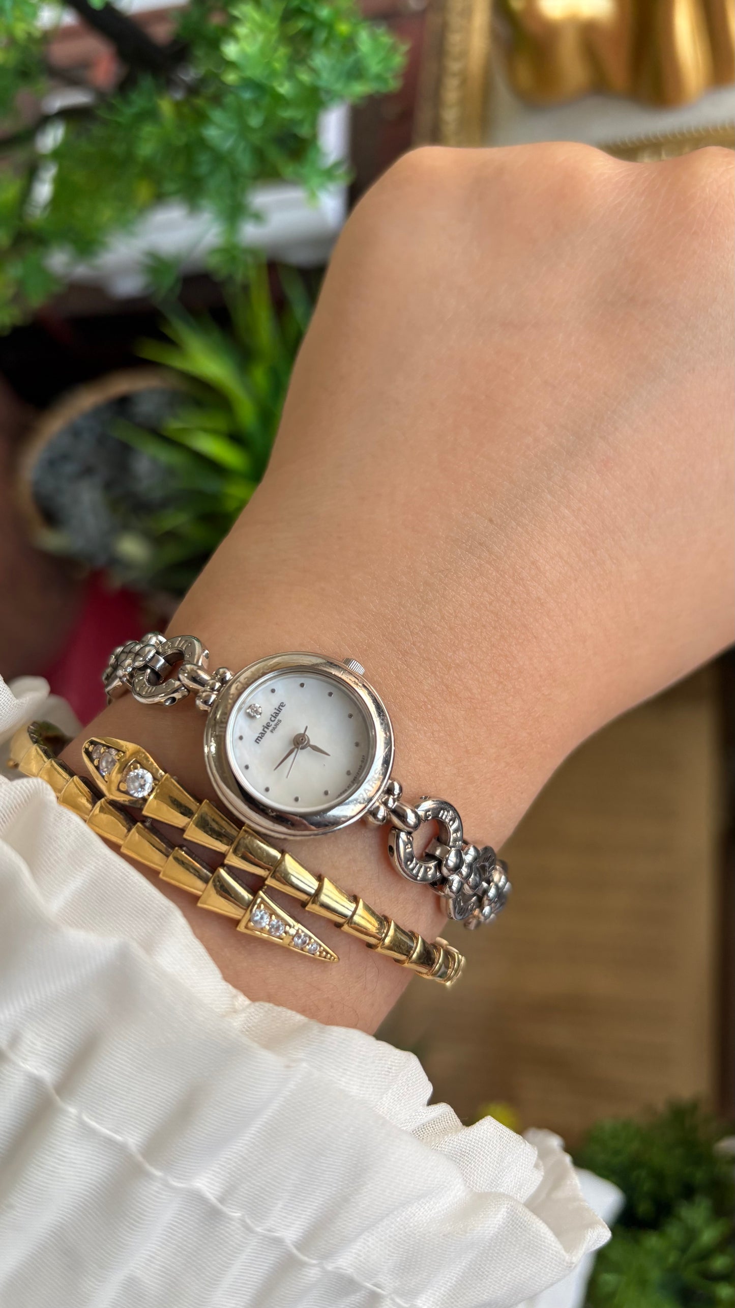 Vintage Marie Claire Paris Watch in Silver Tone Flower Straps Pearl Dial