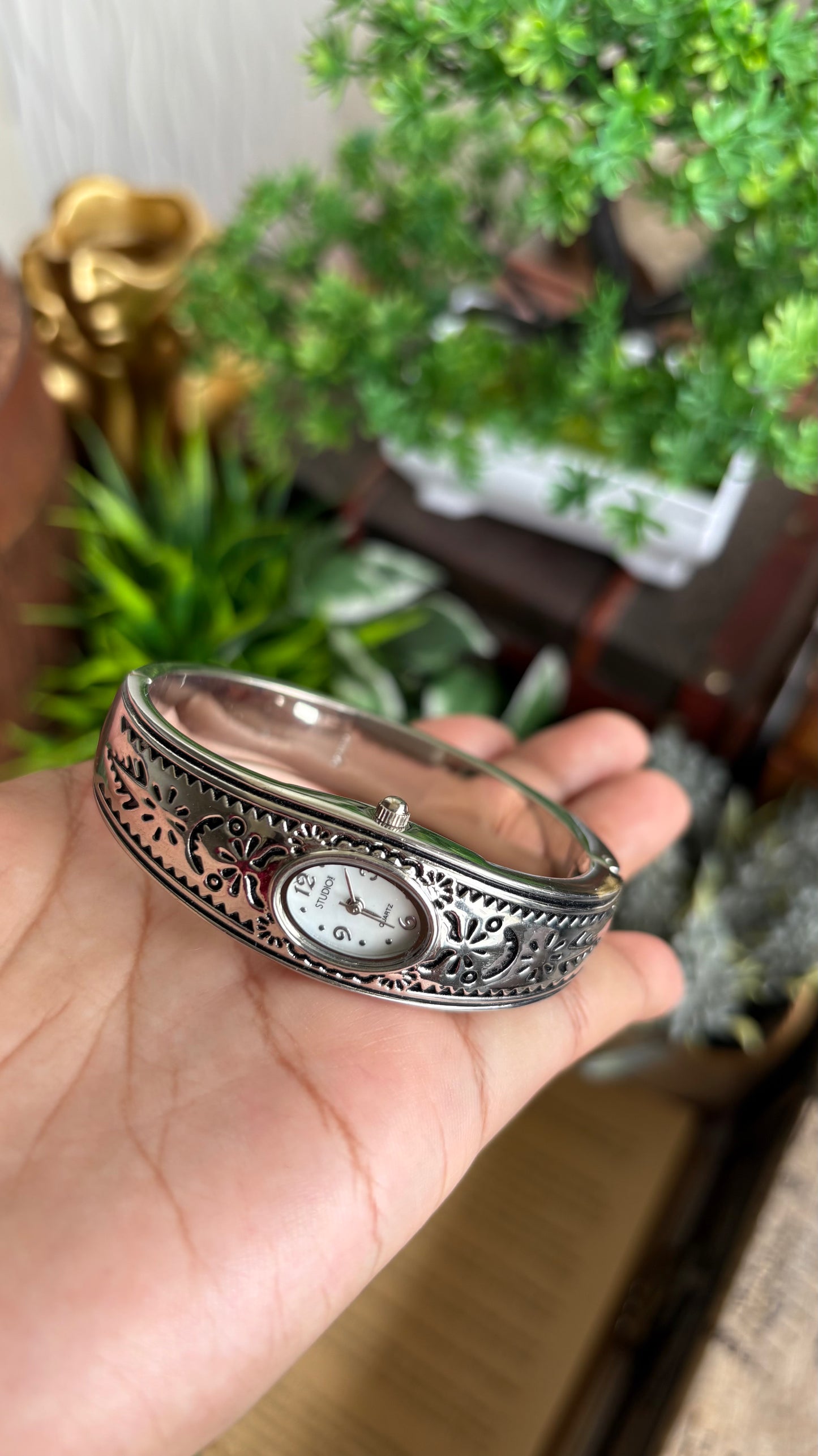 Vintage Studio Time Slim Bangle Watch in Silver Tone Oval Face Art Deco