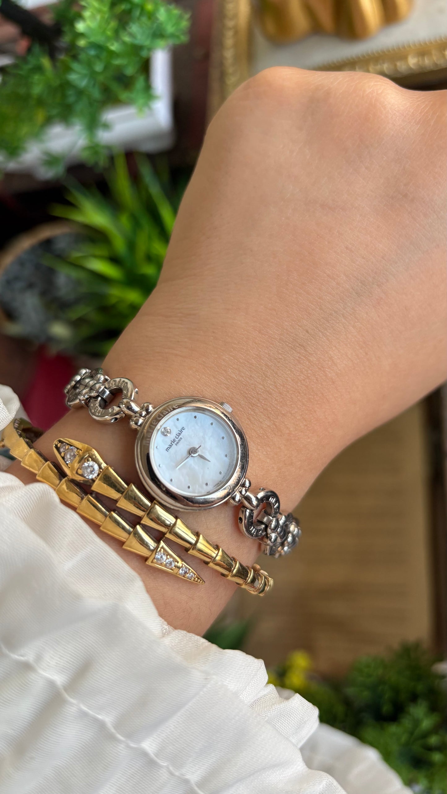 Vintage Marie Claire Paris Watch in Silver Tone Flower Straps Pearl Dial