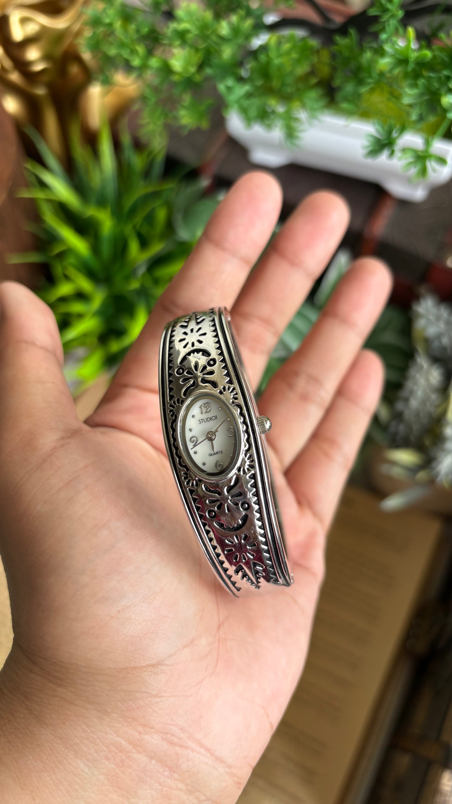 Vintage Studio Time Slim Bangle Watch in Silver Tone Oval Face Art Deco
