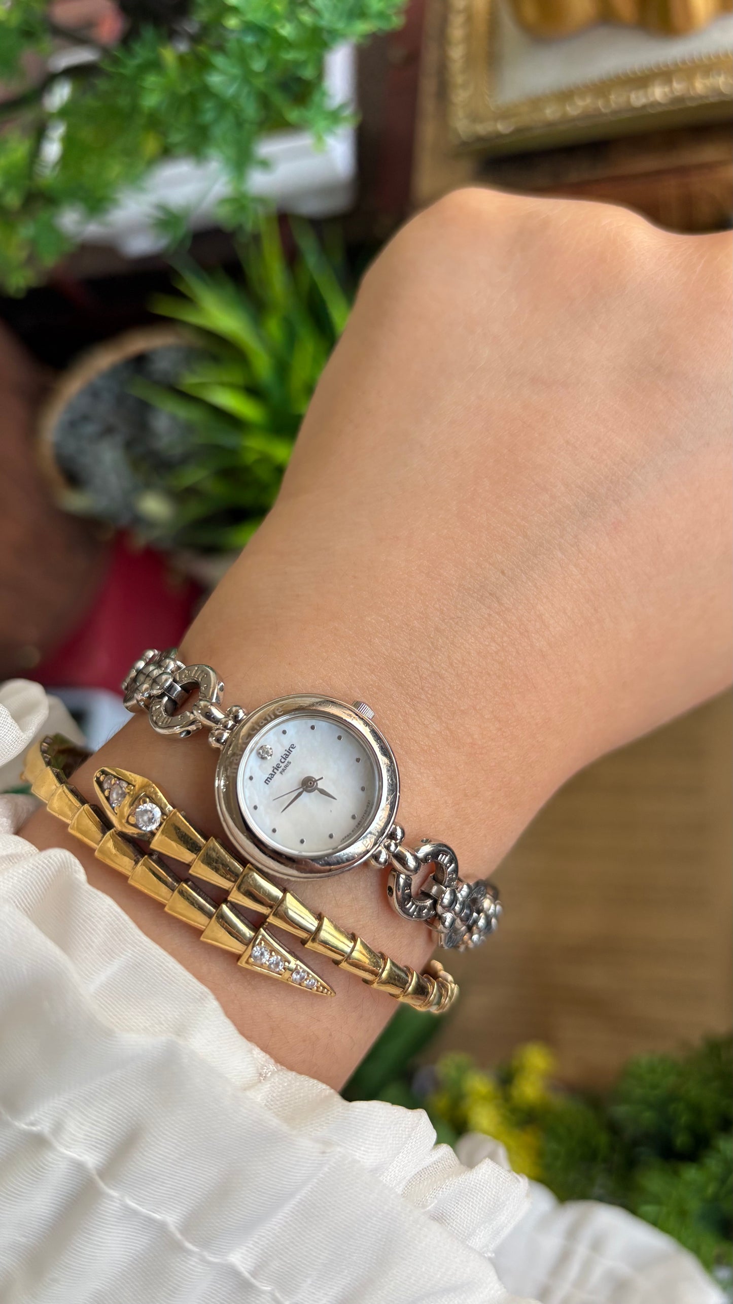 Vintage Marie Claire Paris Watch in Silver Tone Flower Straps Pearl Dial