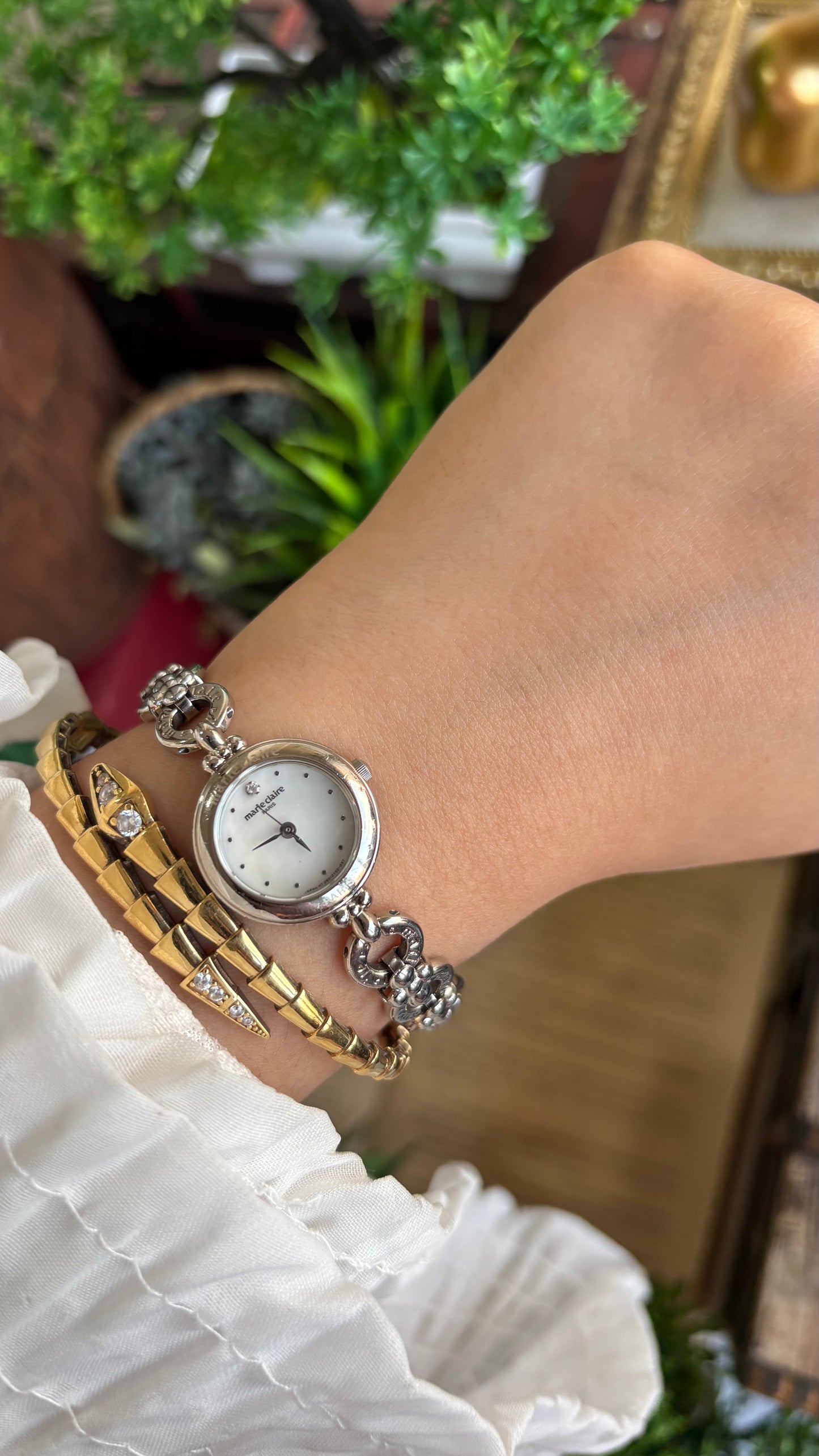Vintage Marie Claire Paris Watch in Silver Tone Flower Straps Pearl Dial