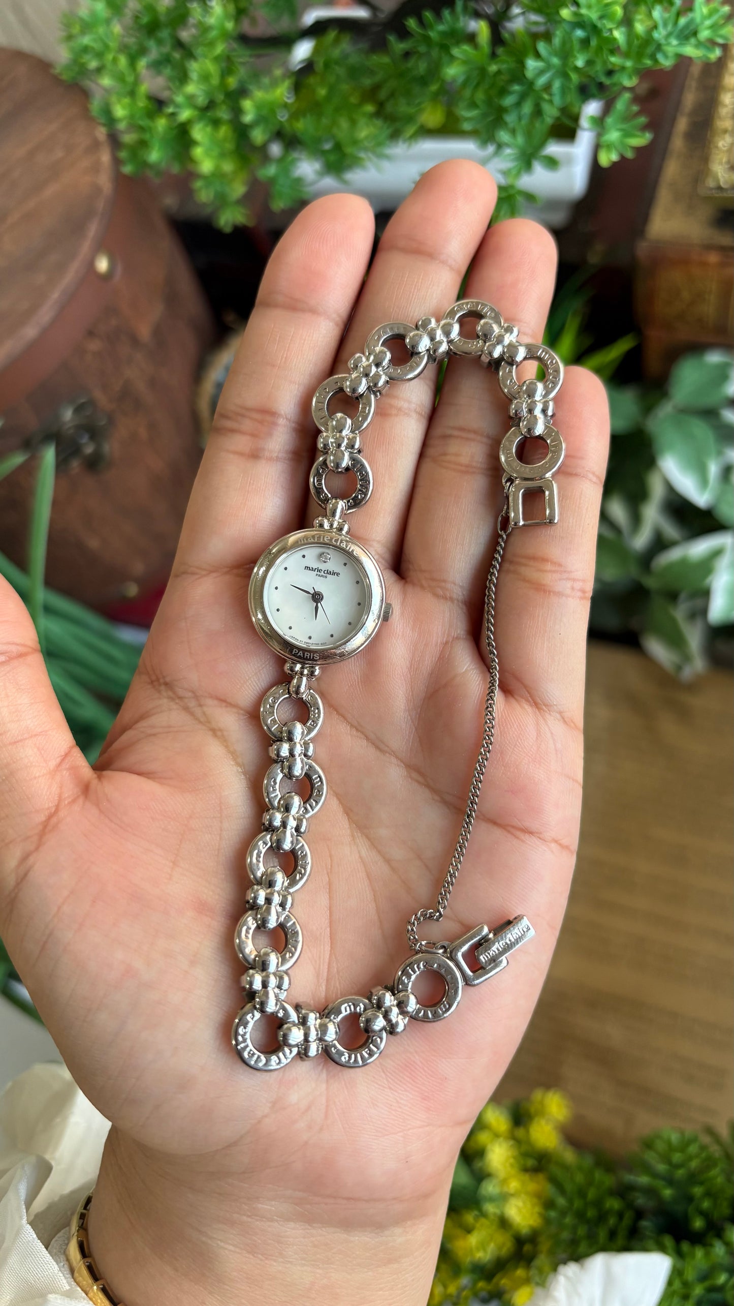 Vintage Marie Claire Paris Watch in Silver Tone Flower Straps Pearl Dial